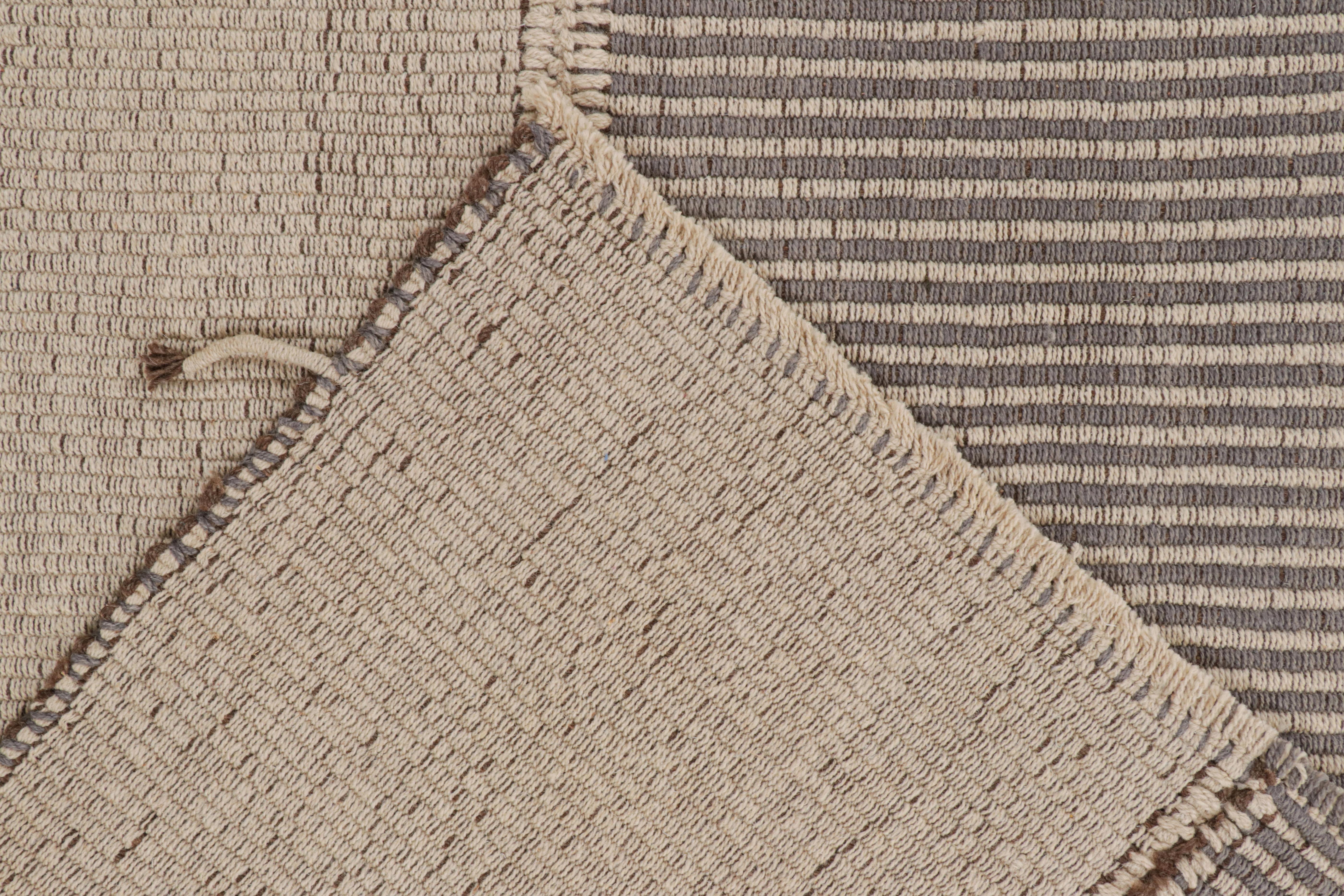 Wool Rug & Kilim’s Contemporary Kilim in Gray and Beige with Stripes & Brown Accents For Sale