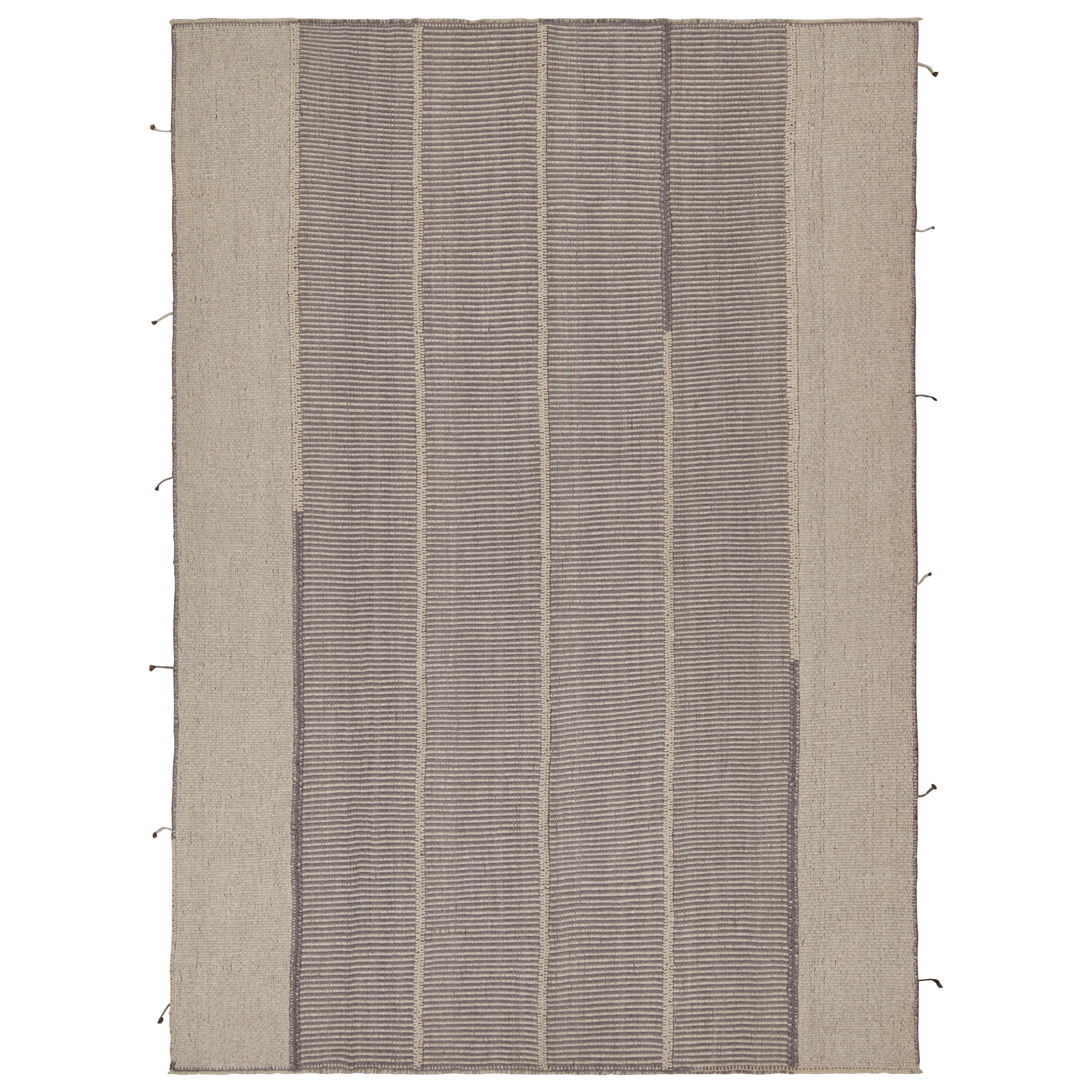 Rug & Kilim’s Contemporary Kilim in Gray and Beige with Stripes & Brown Accents For Sale