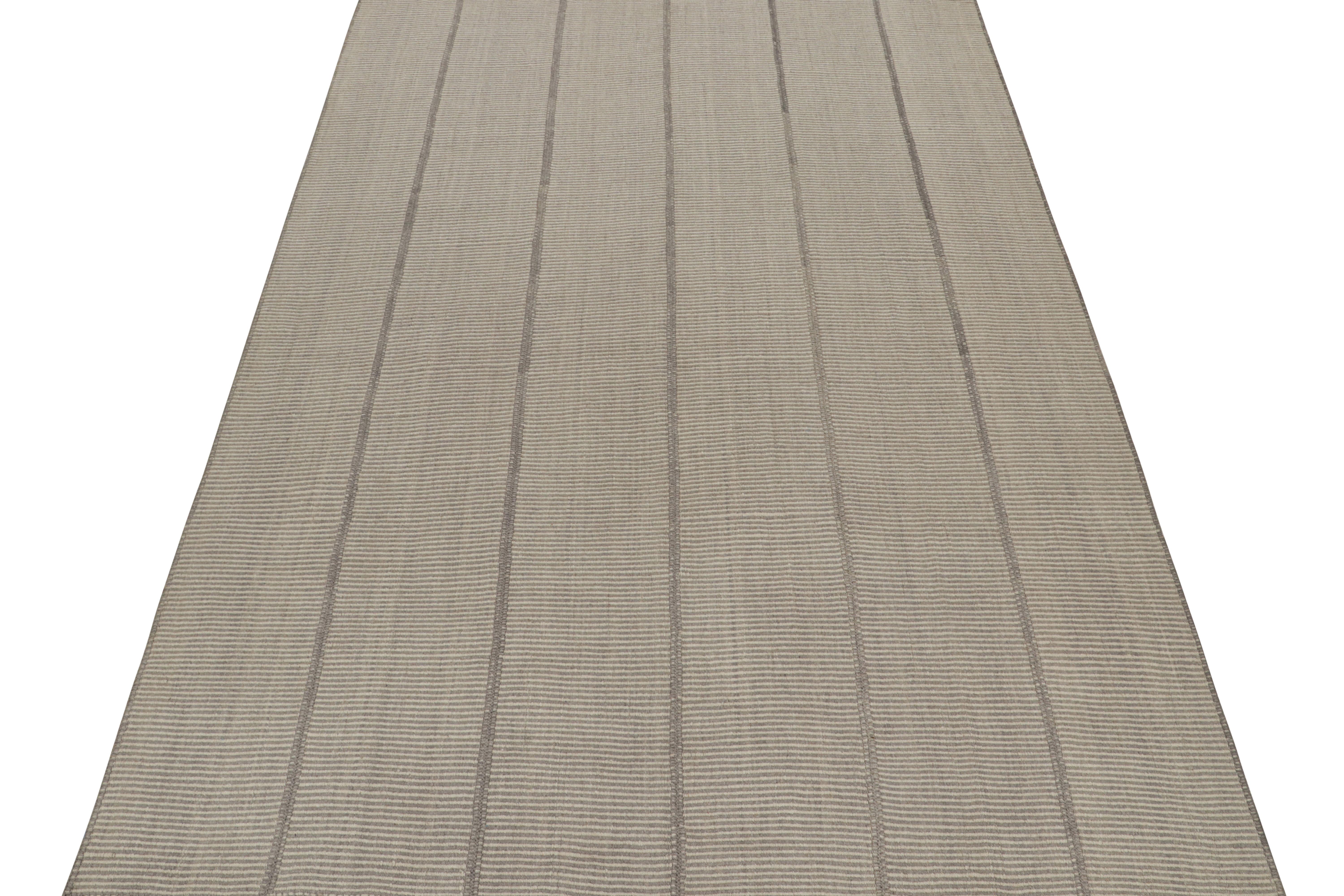 Hand-Woven Rug & Kilim’s Contemporary Kilim in Gray and Cream Stripes For Sale