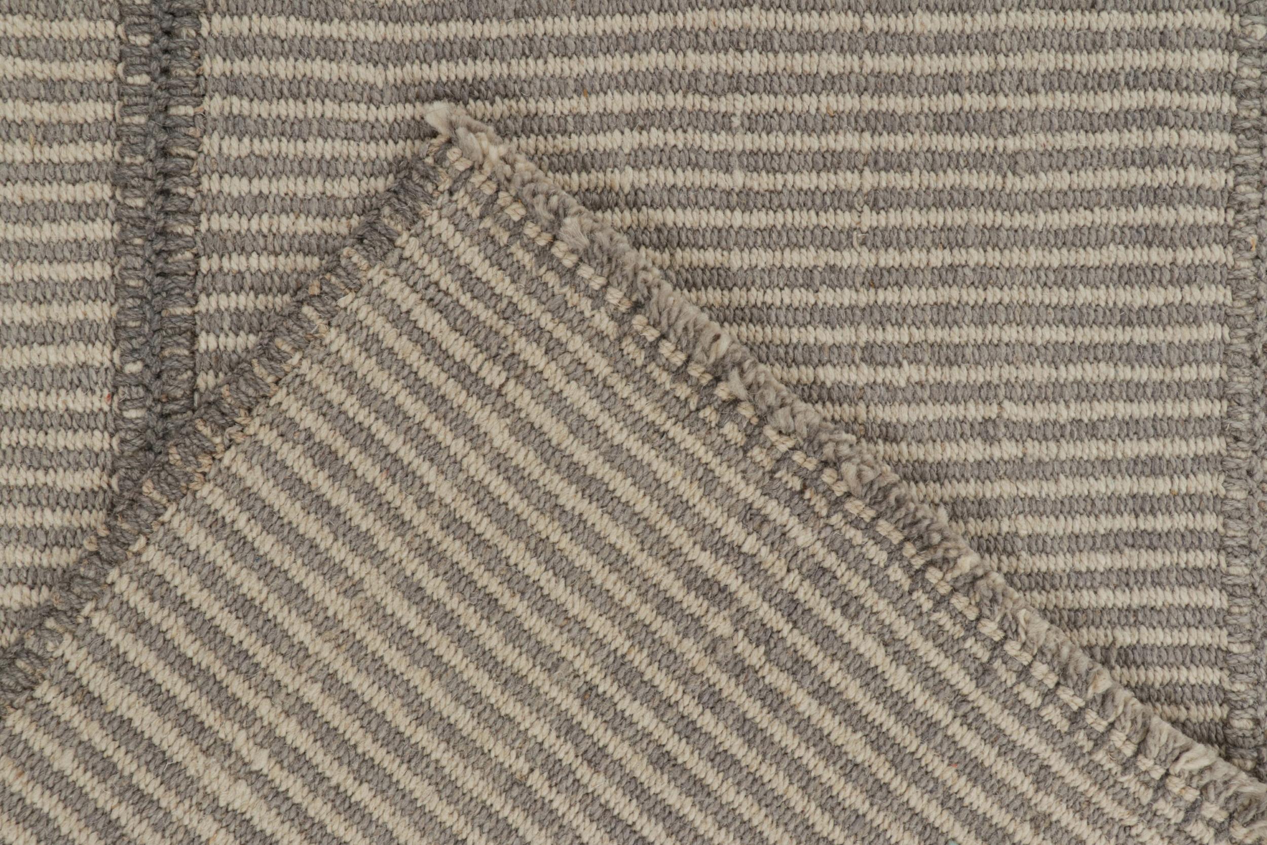 Wool Rug & Kilim’s Contemporary Kilim in Gray and Cream Stripes For Sale