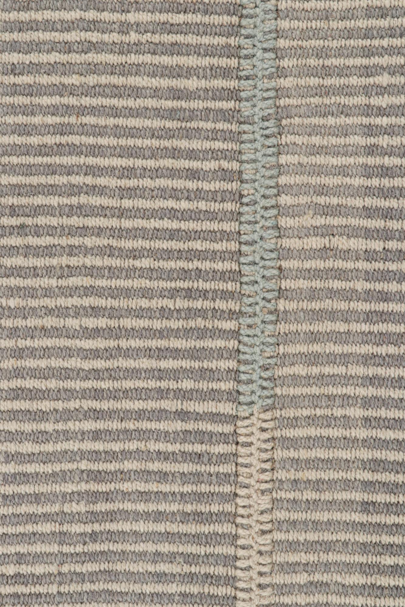 Modern Rug & Kilim’s Contemporary Kilim in Gray with Blue and Beige Stripes For Sale