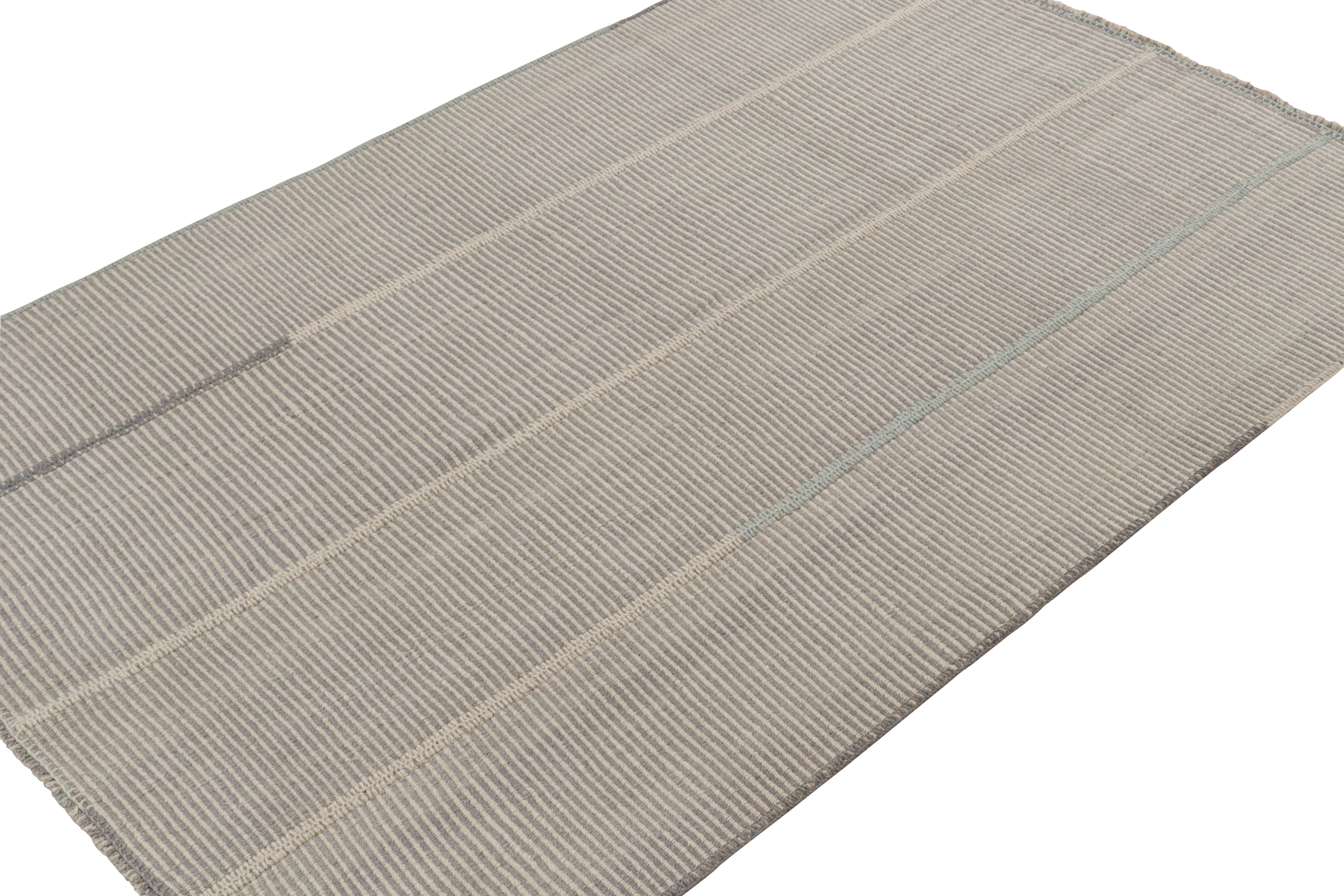 Persian Rug & Kilim’s Contemporary Kilim in Gray with Blue and Beige Stripes For Sale