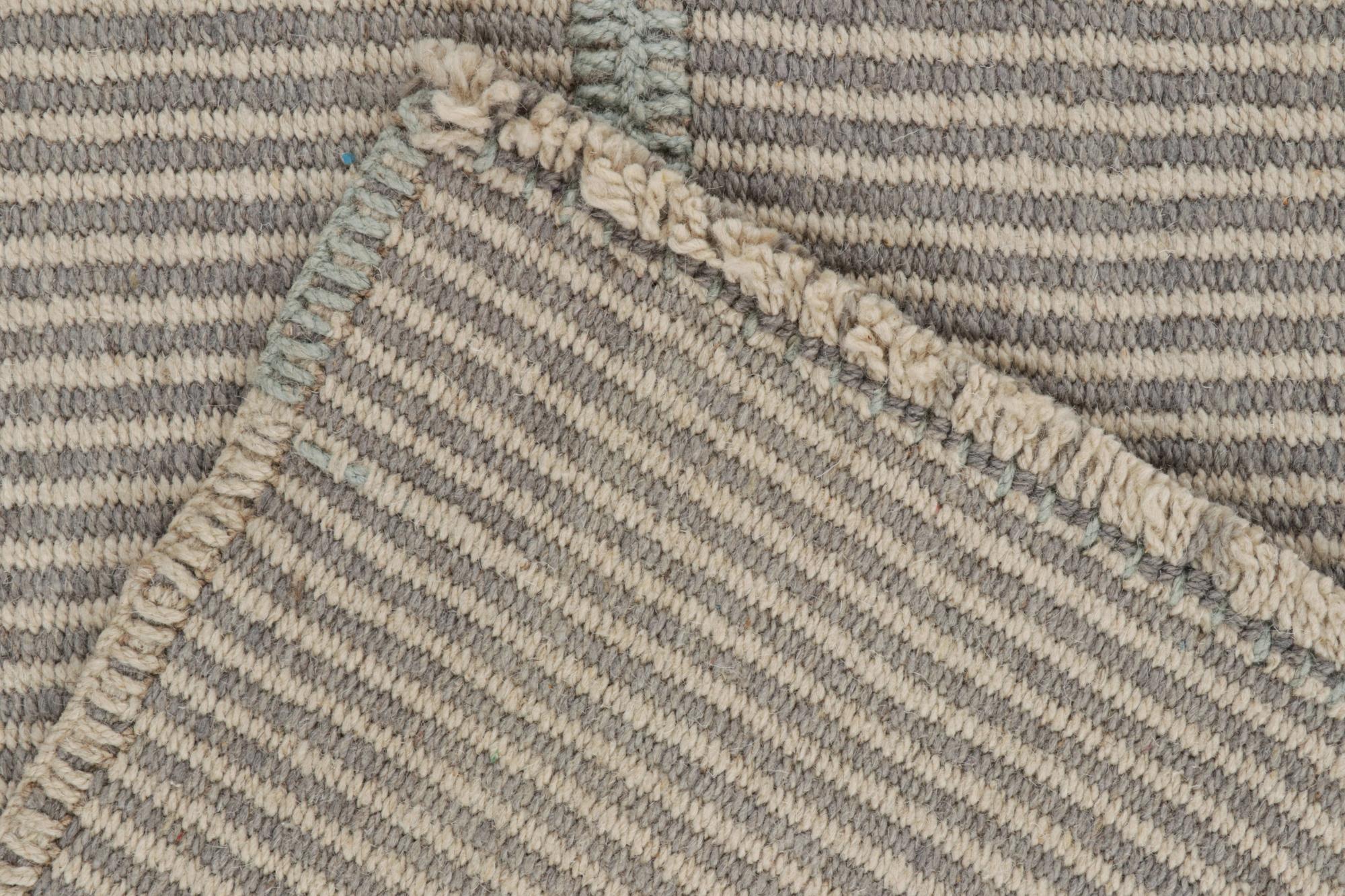 Wool Rug & Kilim’s Contemporary Kilim in Gray with Blue and Beige Stripes For Sale