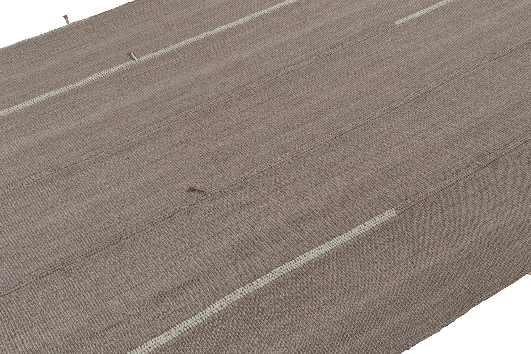 Perse Rug & Kilim’s Contemporary Kilim in Gray with Sky Blue Stripes & Brown Accents en vente