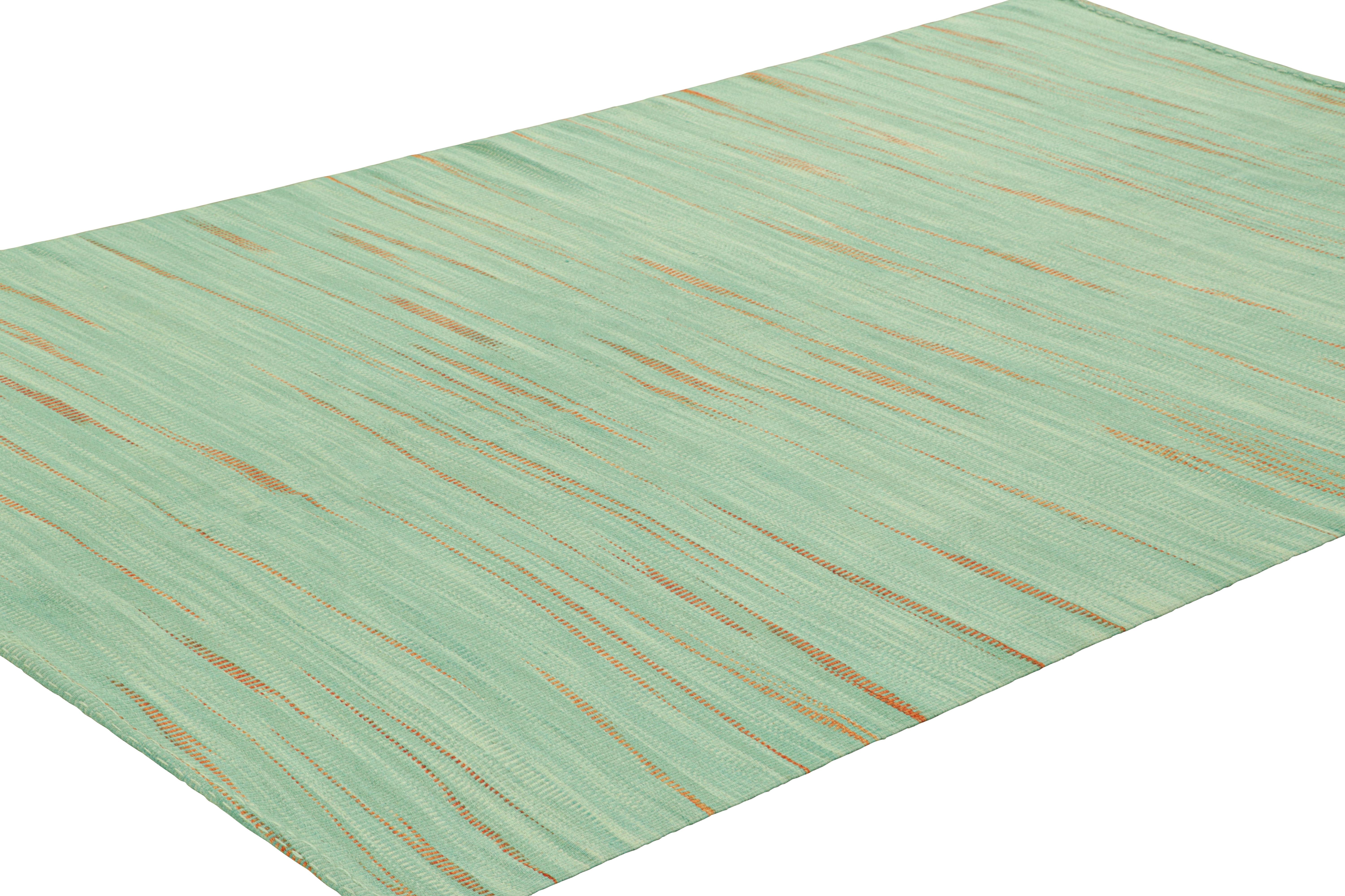 Turkish Rug & Kilim’s Contemporary Kilim in Green and Beige-Brown Geometric Patterns For Sale