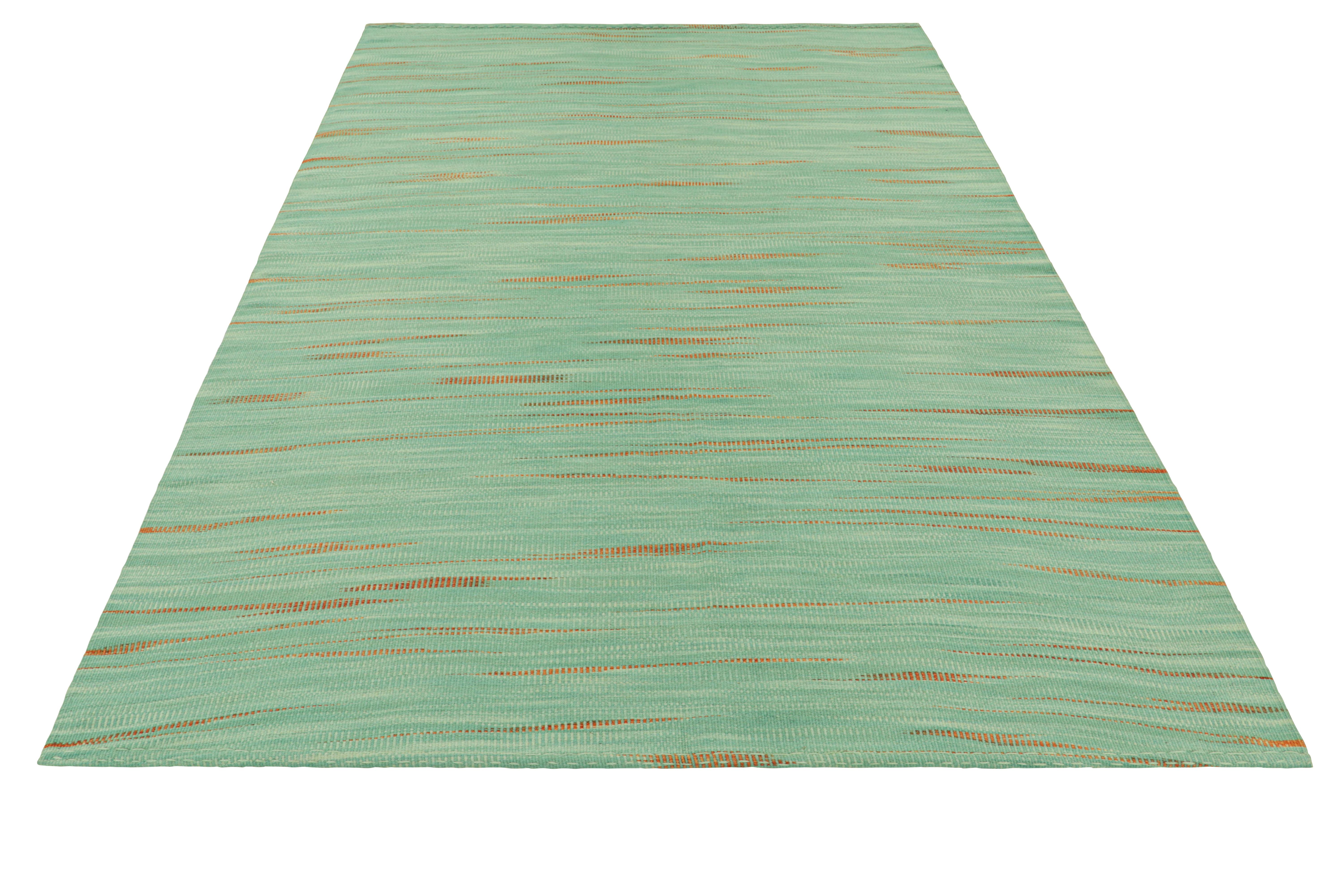 Hand-Woven Rug & Kilim’s Contemporary Kilim in Green and Beige-Brown Geometric Patterns For Sale