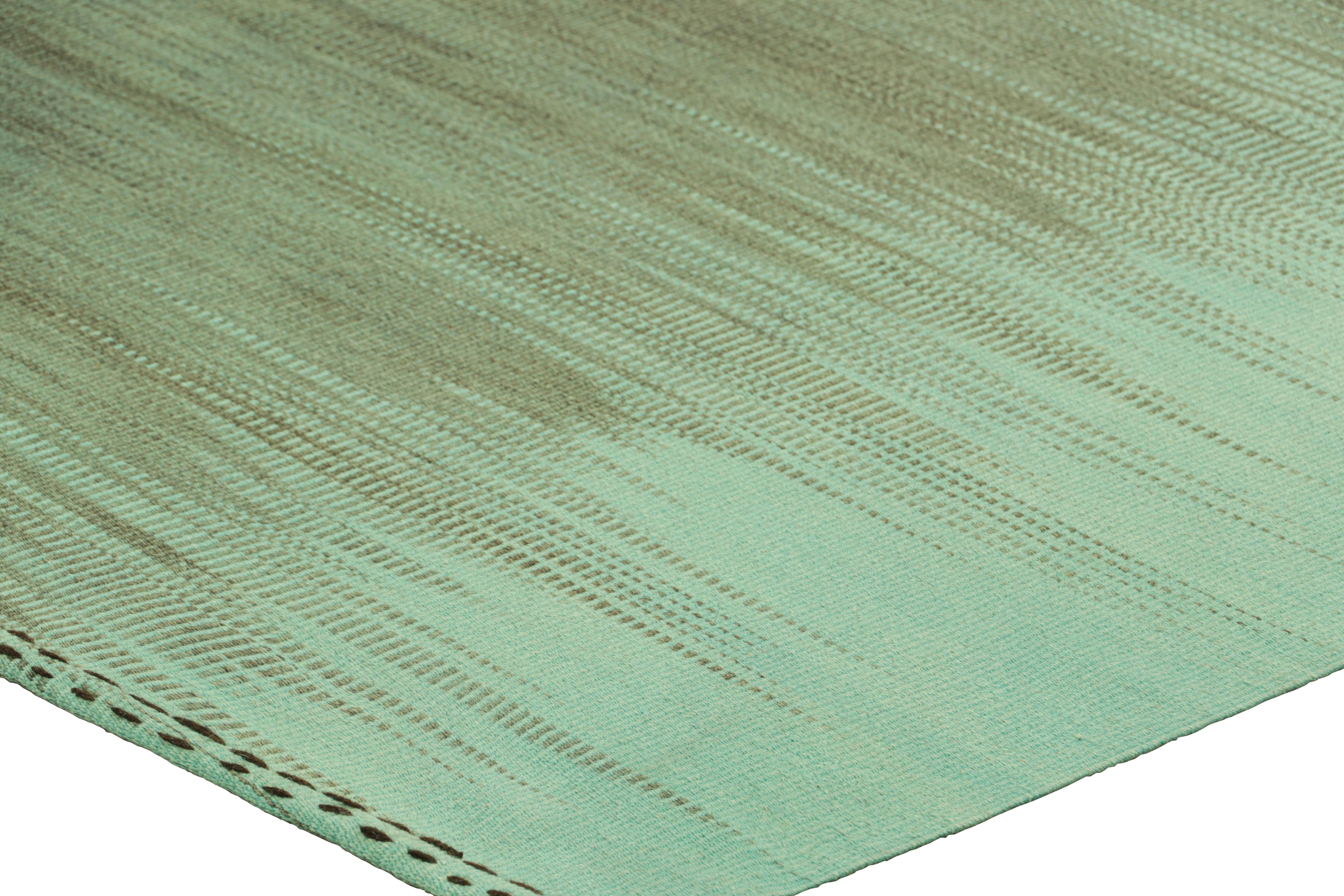 Rug & Kilim’s Contemporary Kilim in Green and Blue Stripes and Geometric Pattern In New Condition For Sale In Long Island City, NY
