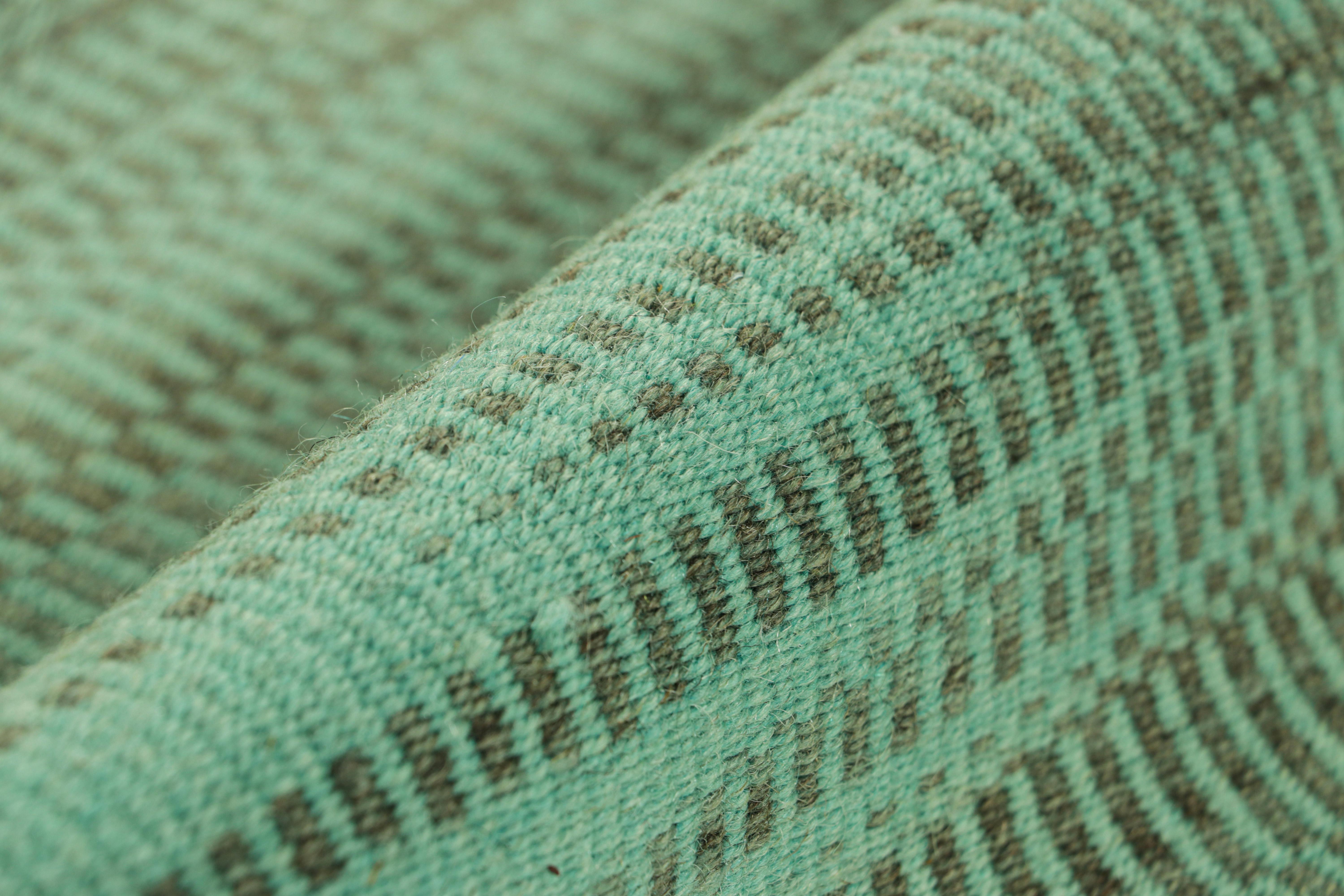 Wool Rug & Kilim’s Contemporary Kilim in Green and Blue Stripes and Geometric Pattern For Sale