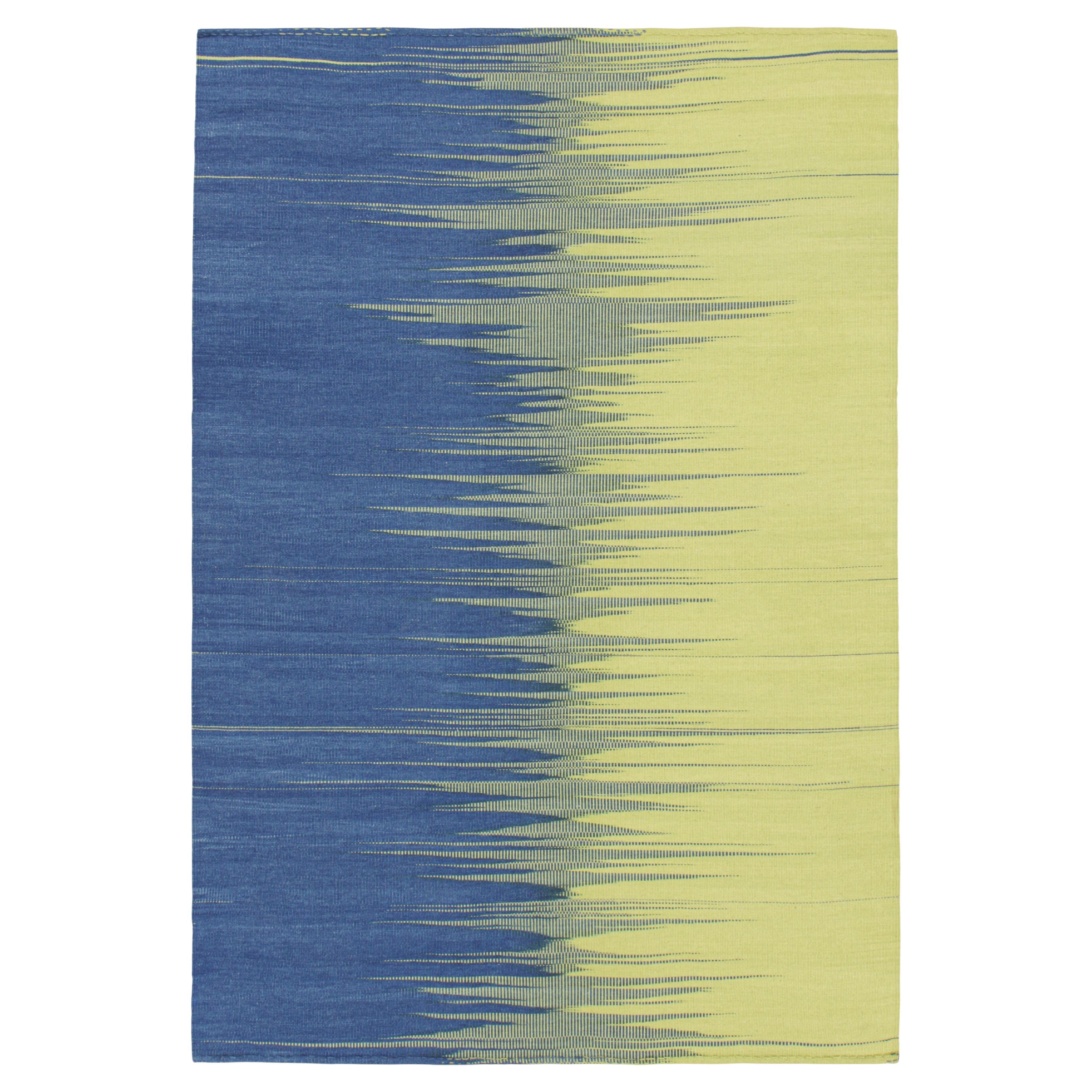 Rug & Kilim’s Contemporary Kilim in Green and Blue Stripes and Geometric Pattern