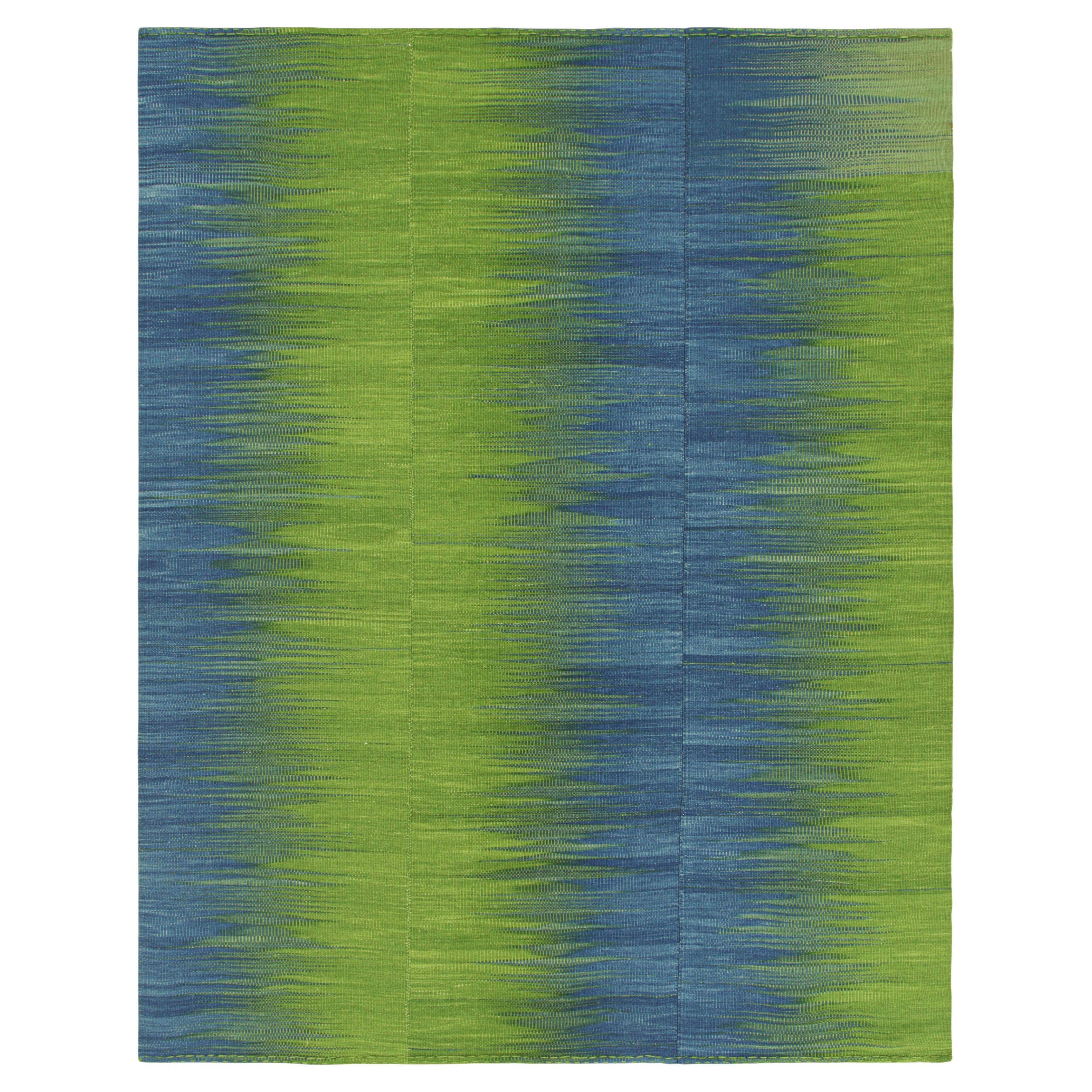 Rug & Kilim’s Contemporary Kilim in Green and Blue Stripes and Geometric Pattern
