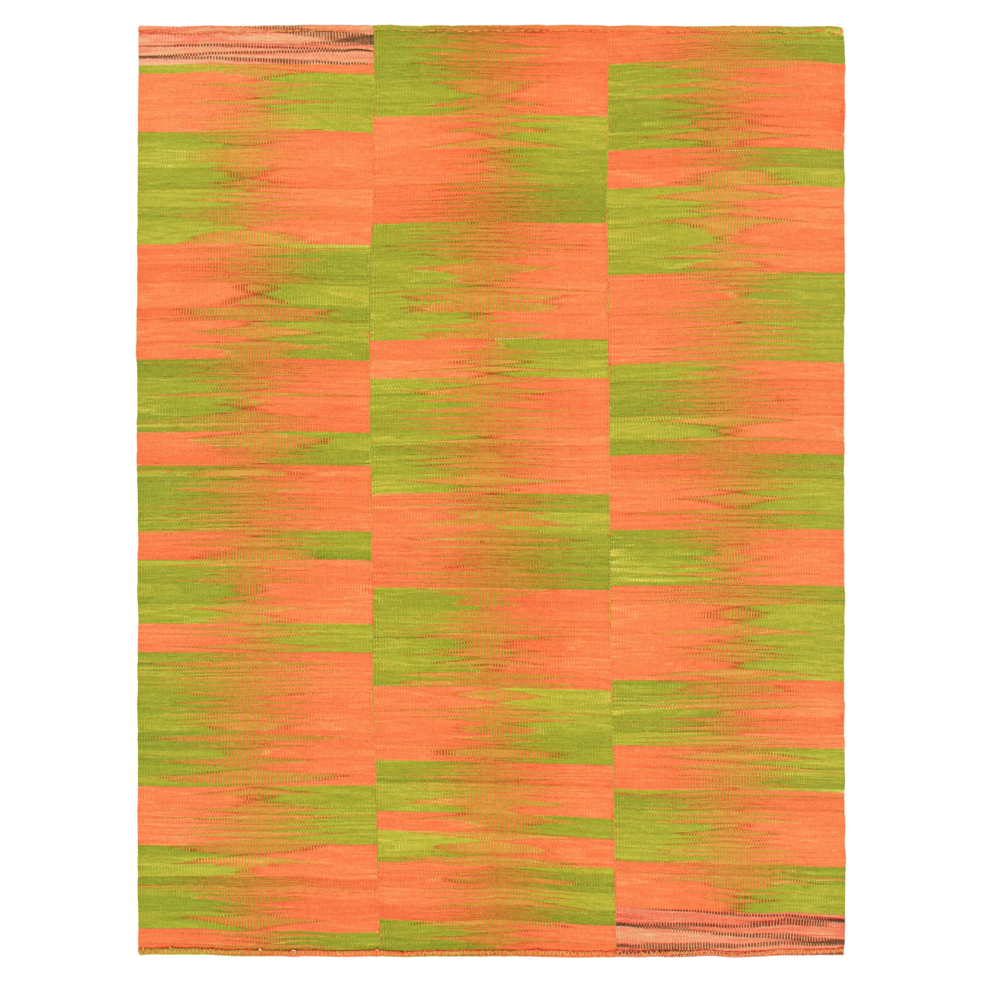 Rug
Kilim
s Contemporary Kilim in Grün und Rosa Streifen und Geometrischem Muster