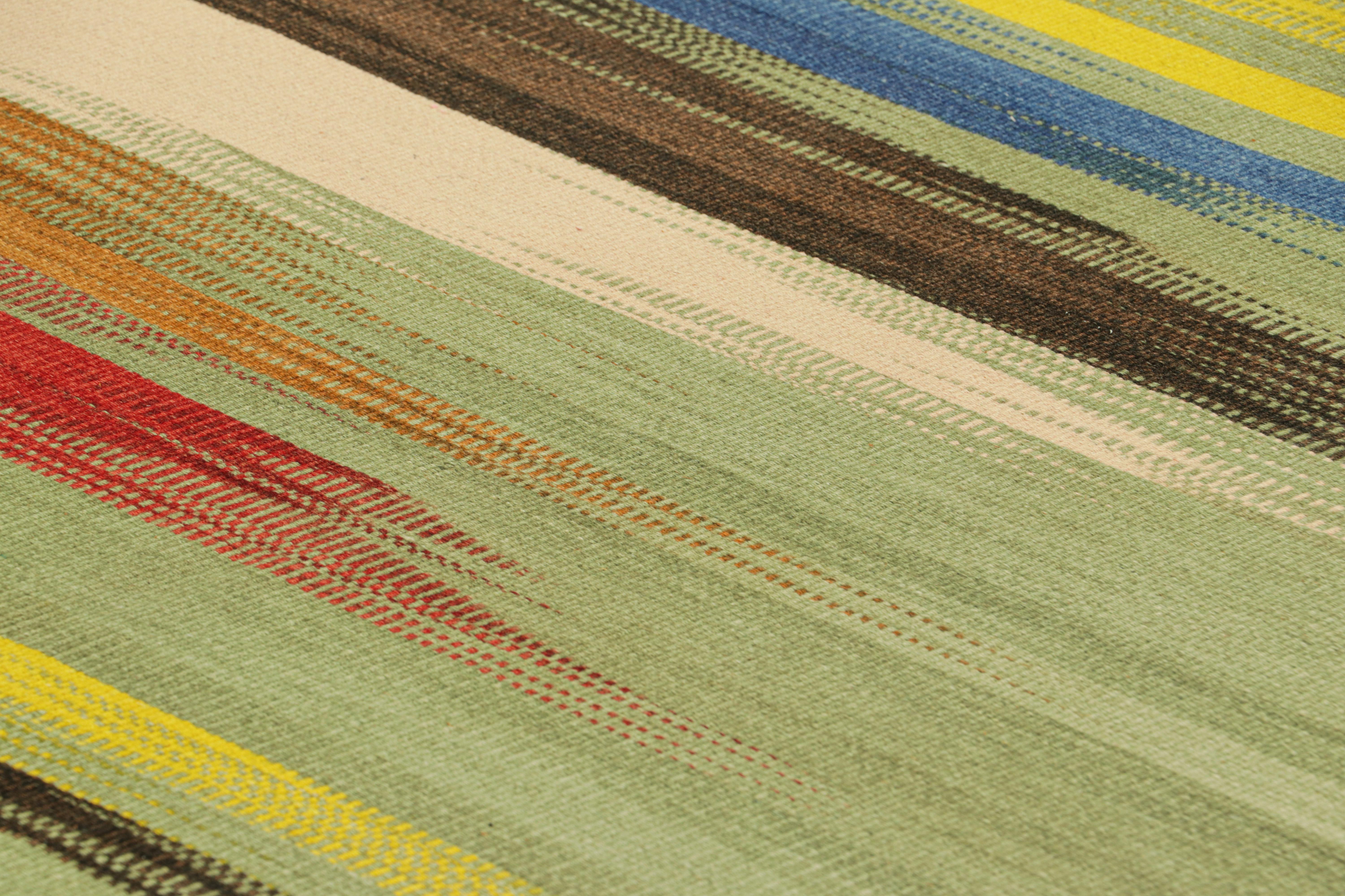 Handwoven in wool, this 5x7 Kilim is from an inventive new contemporary flat weave collection by Rug & Kilim.

On the Design: 

This modern take on classic panel-weaving enjoys a fabulous, unique play of colorful textural stripes and geometric