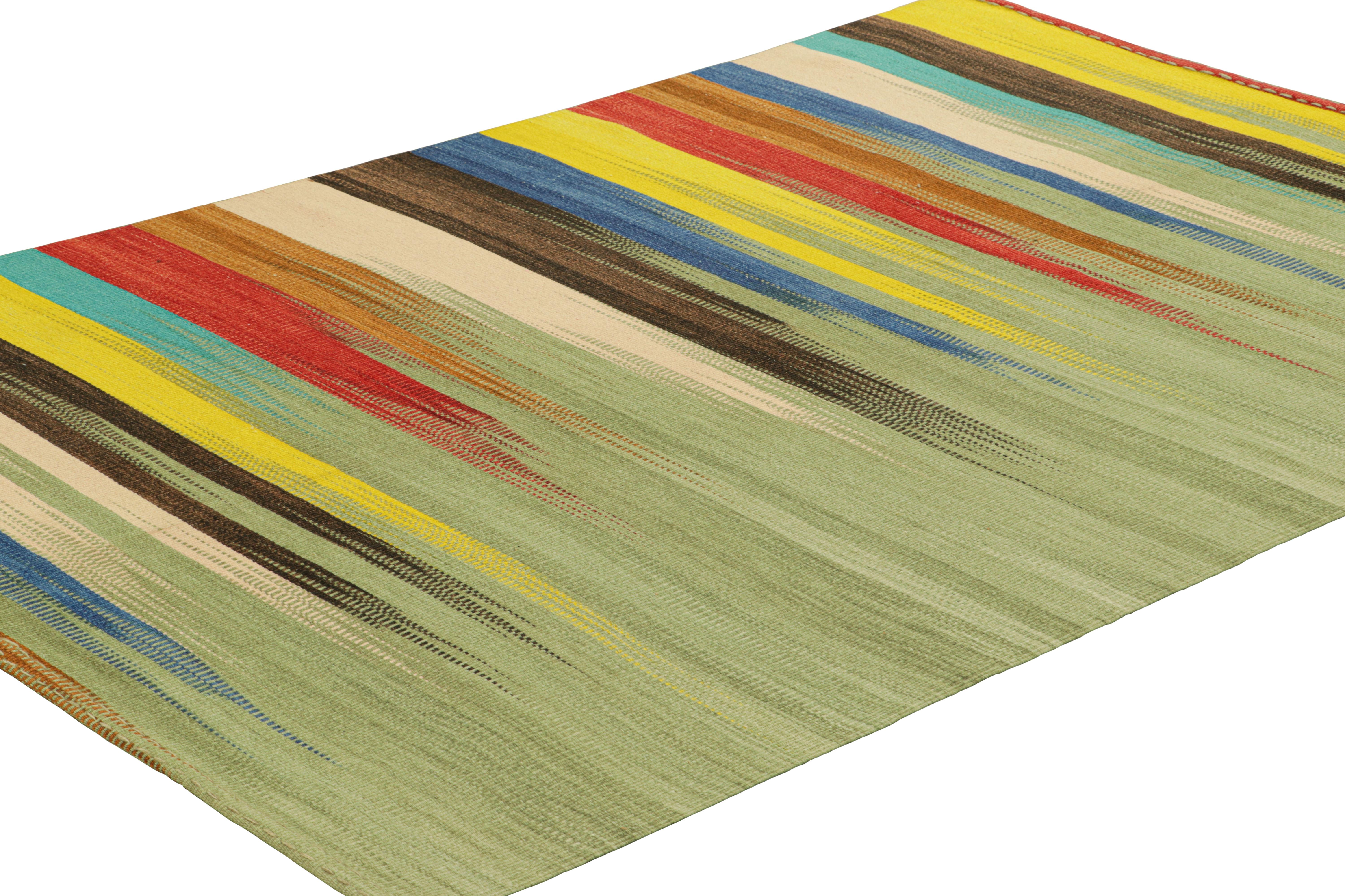 Turkish Rug & Kilim’s Contemporary Kilim in Green with Colorful Geometric Patterns For Sale