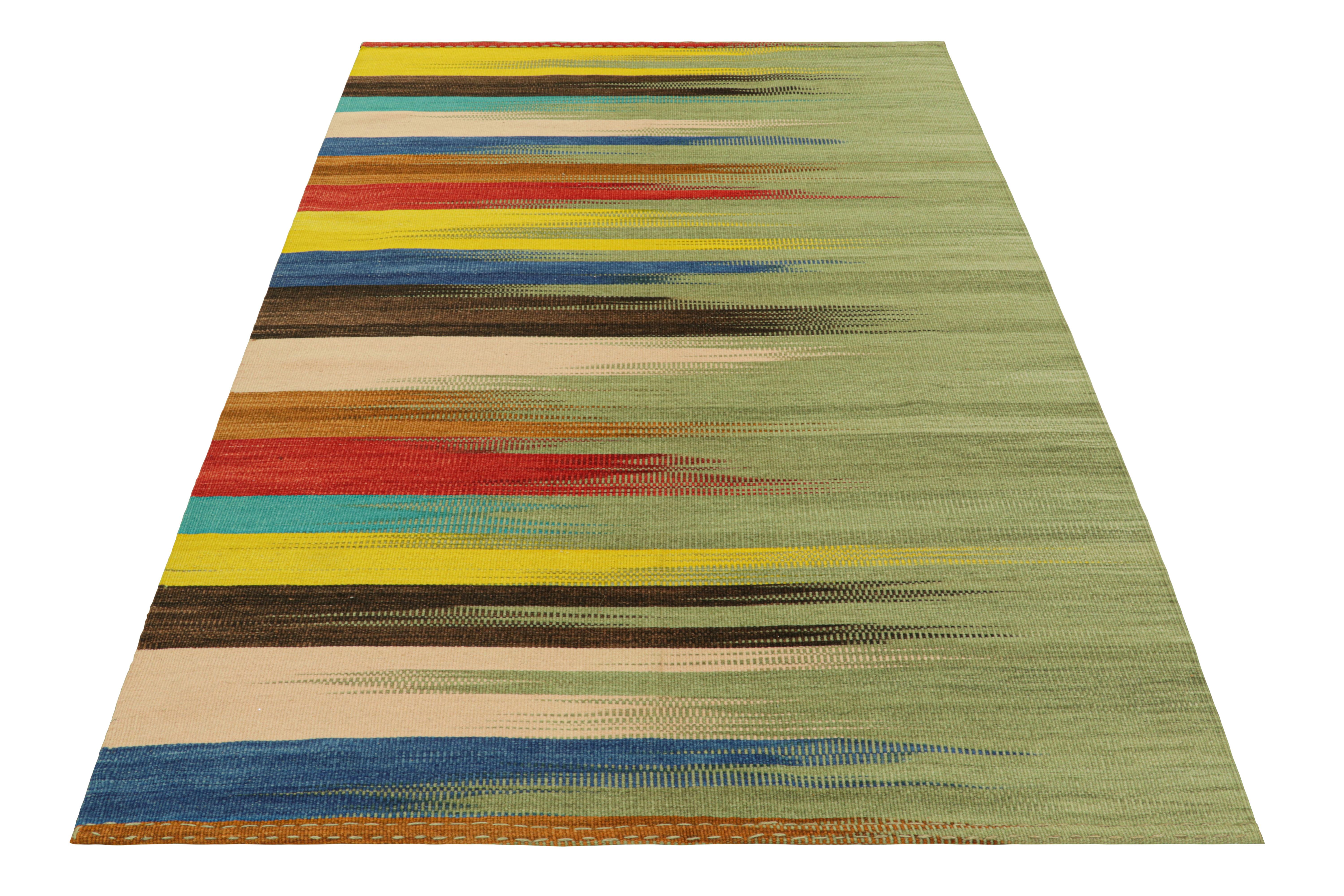 Hand-Woven Rug & Kilim’s Contemporary Kilim in Green with Colorful Geometric Patterns For Sale