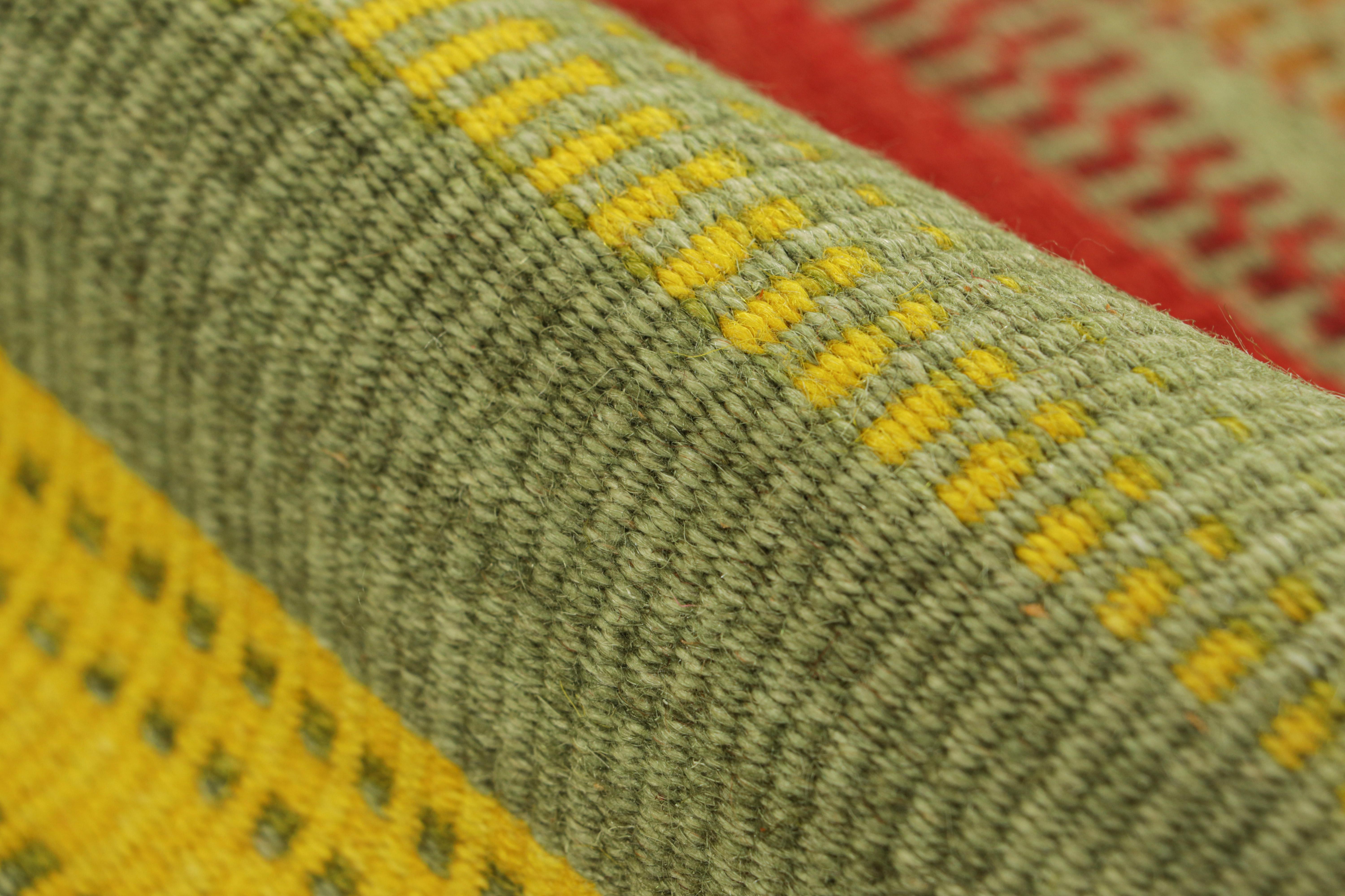 Wool Rug & Kilim’s Contemporary Kilim in Green with Colorful Geometric Patterns For Sale