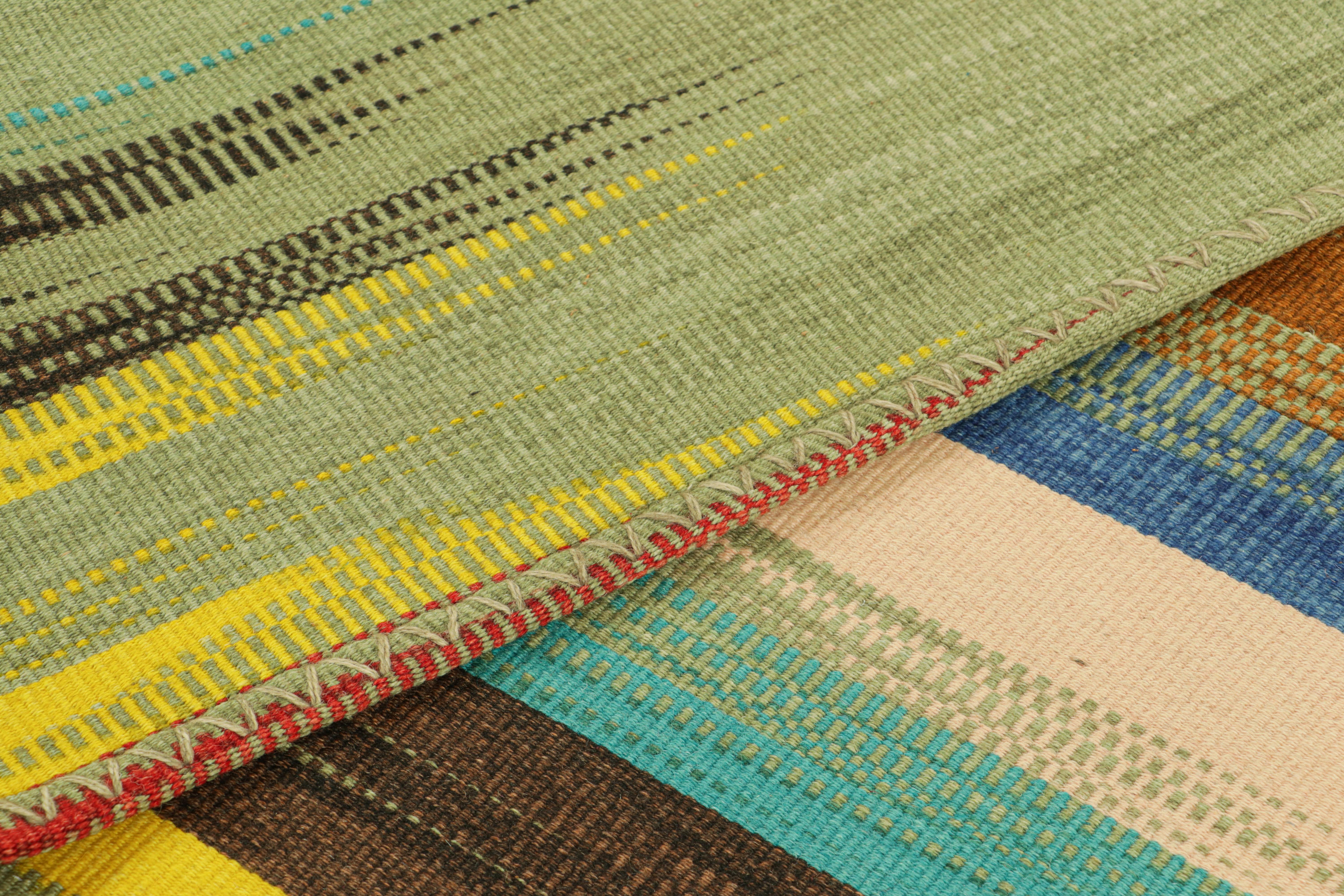 Rug & Kilim’s Contemporary Kilim in Green with Colorful Geometric Patterns For Sale 1