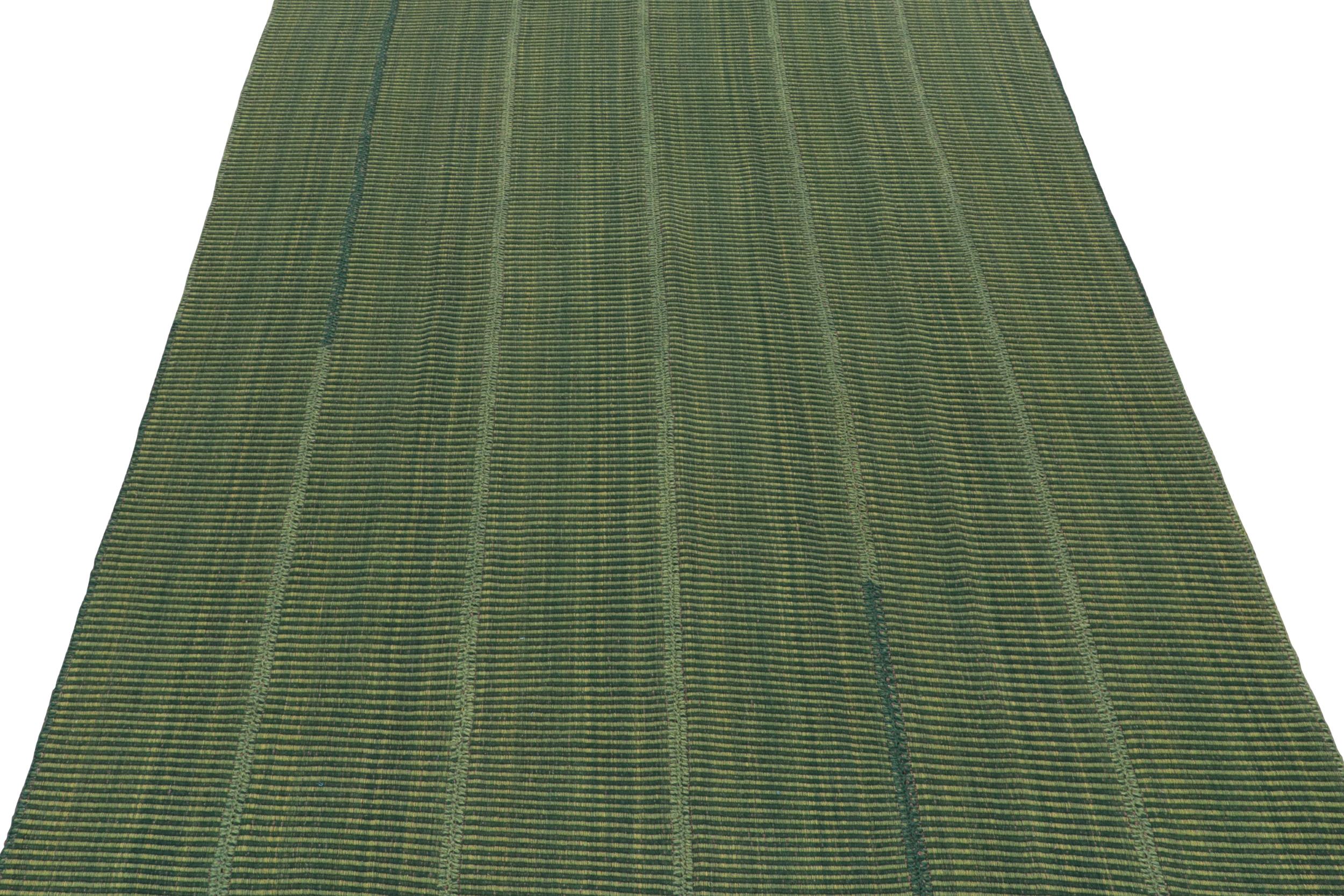 Hand-Woven Rug & Kilim’s Contemporary Kilim in Green with Subtle Stripes For Sale