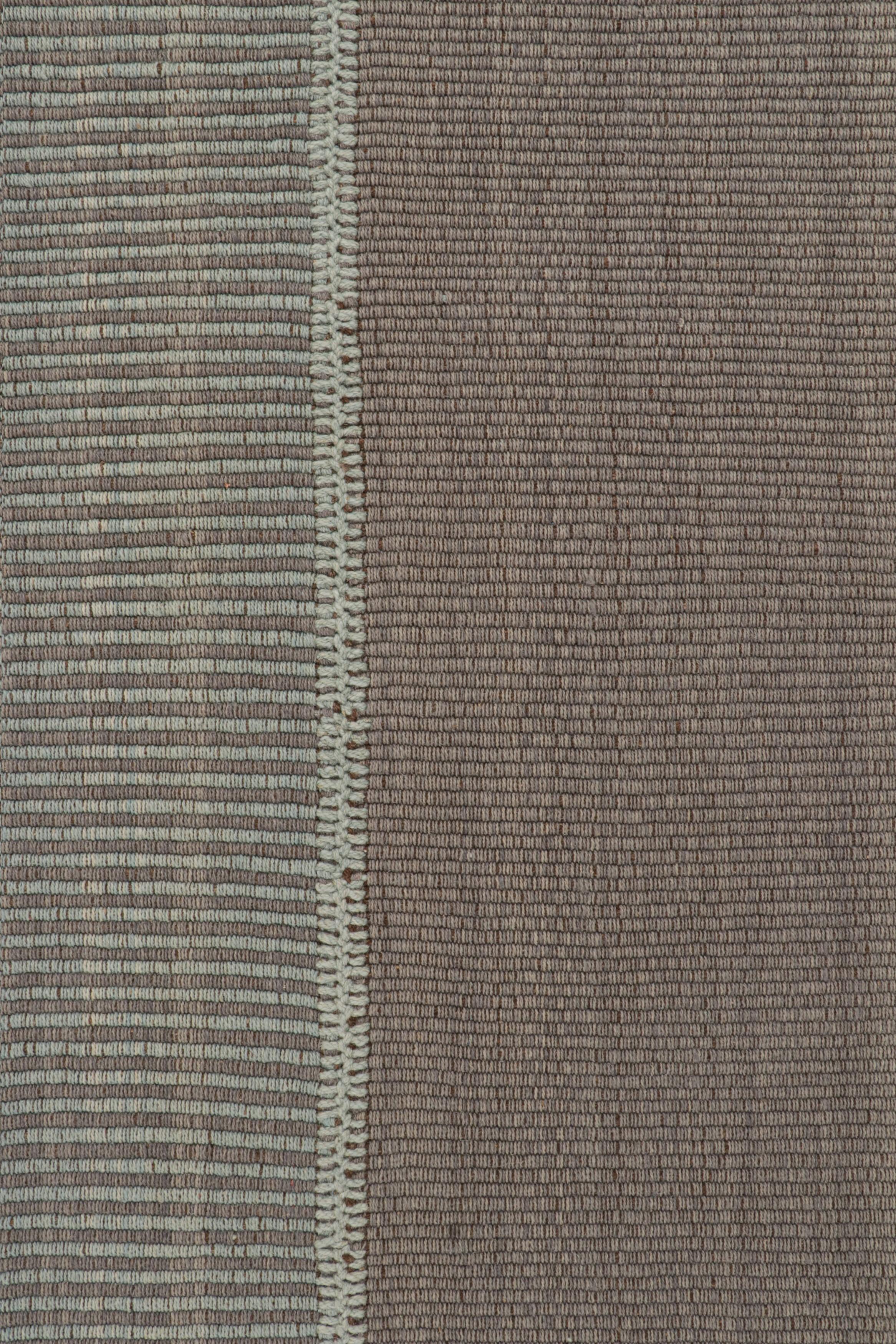 Modern Rug & Kilim’s Contemporary Kilim in Grey and Blue Stripes with Brown Accents For Sale