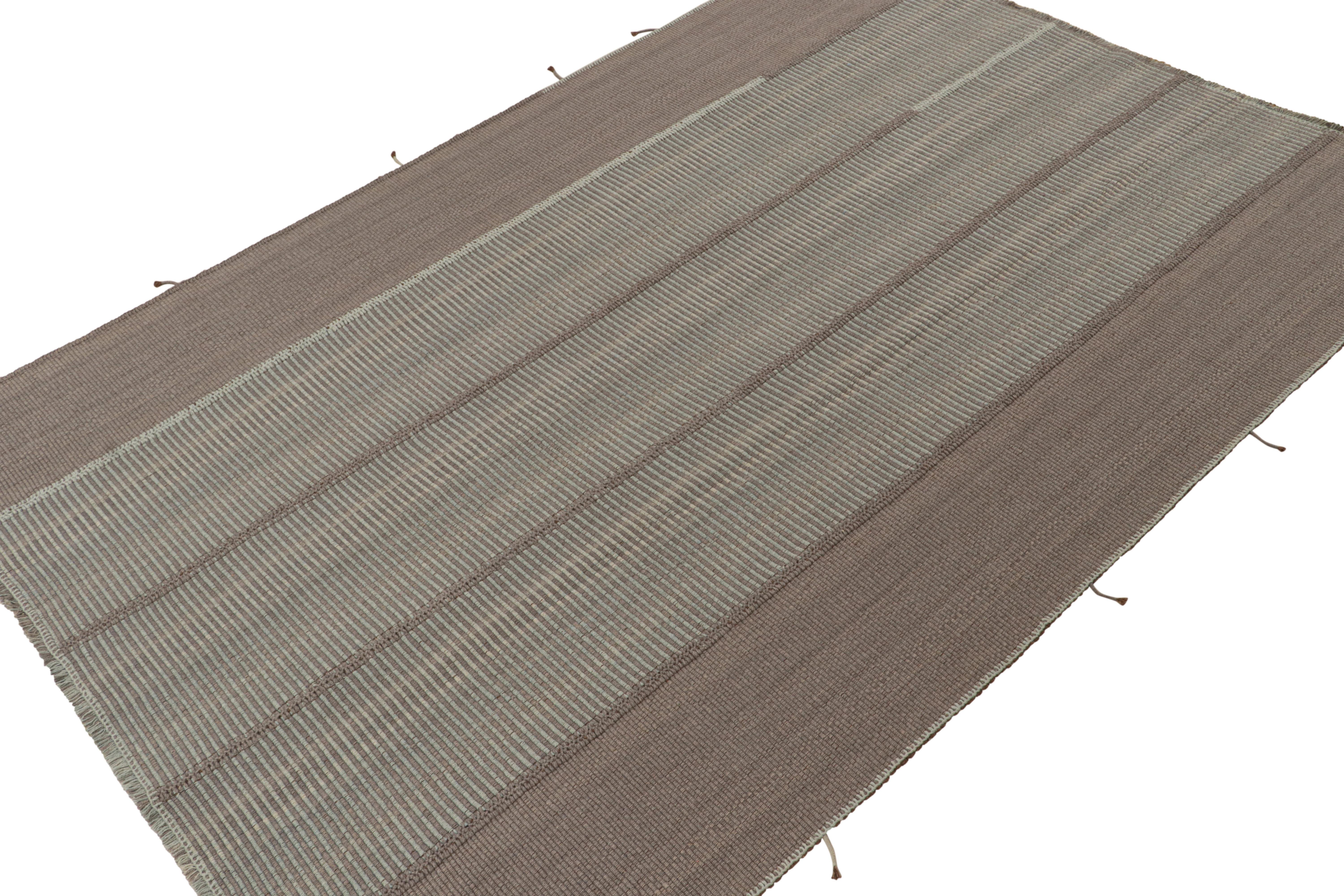 Persian Rug & Kilim’s Contemporary Kilim in Grey and Blue Stripes with Brown Accents For Sale