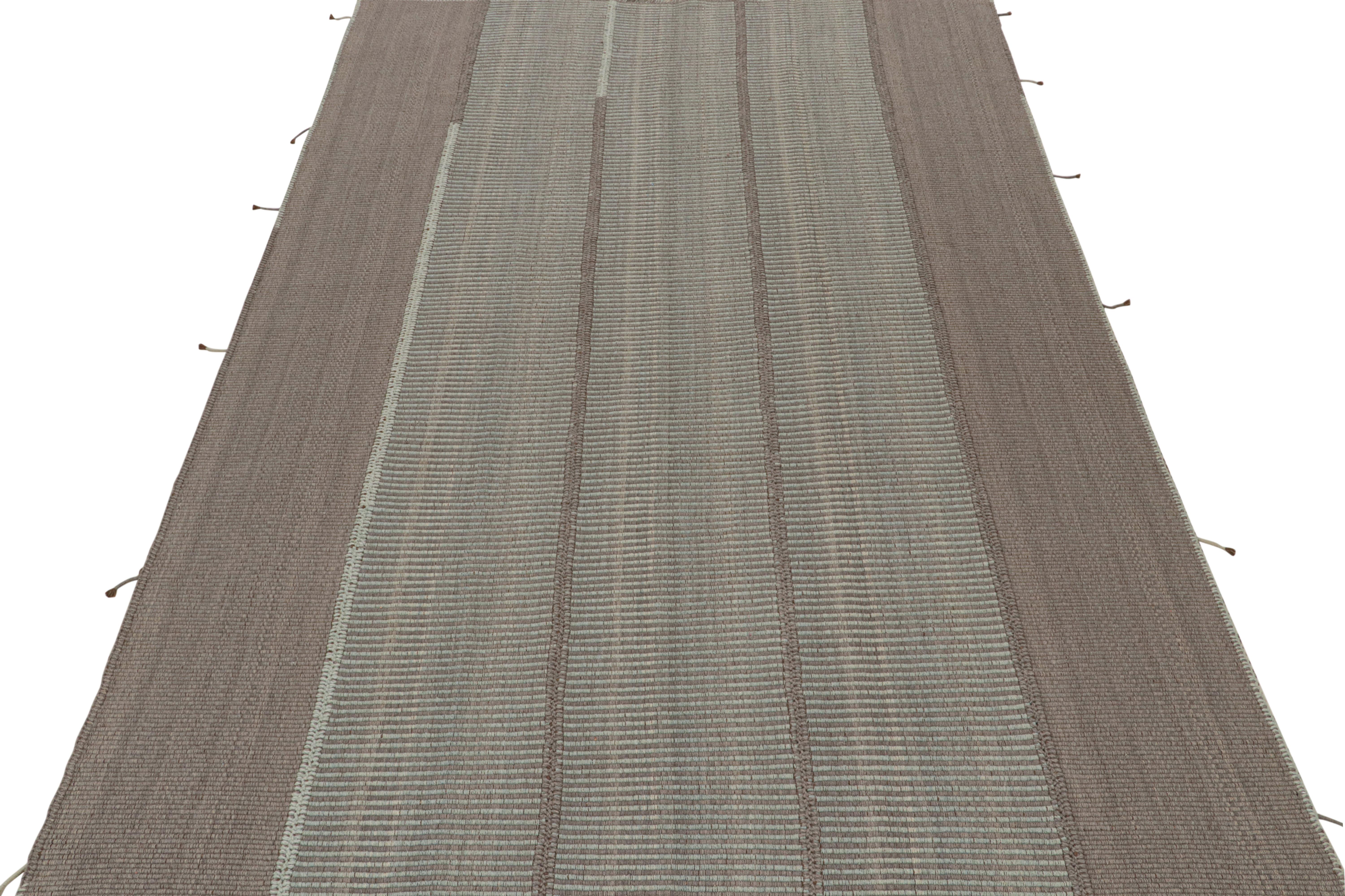 Hand-Woven Rug & Kilim’s Contemporary Kilim in Grey and Blue Stripes with Brown Accents For Sale