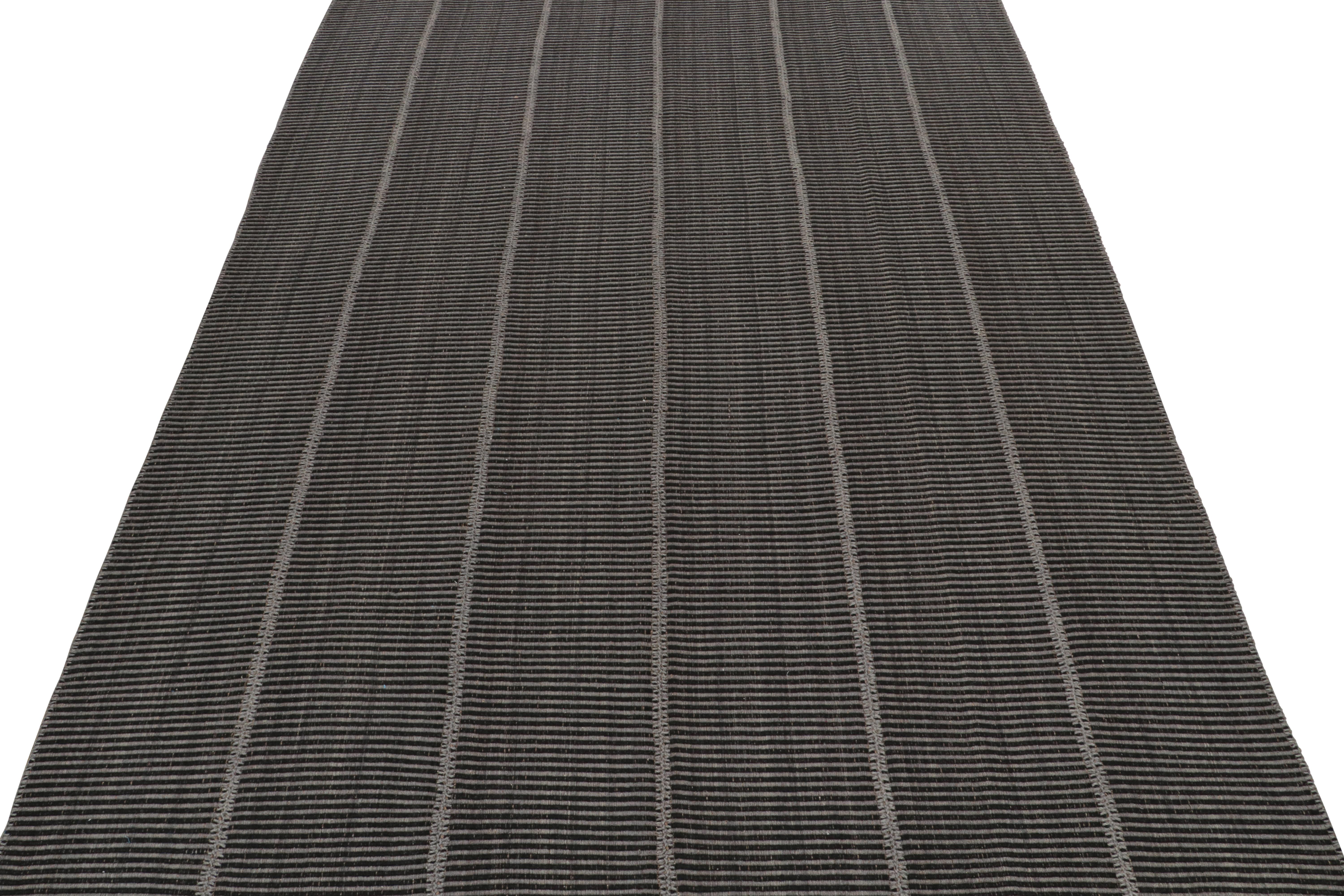 Hand-Woven Rug & Kilim’s Contemporary Kilim in Grey & Black Stripes For Sale
