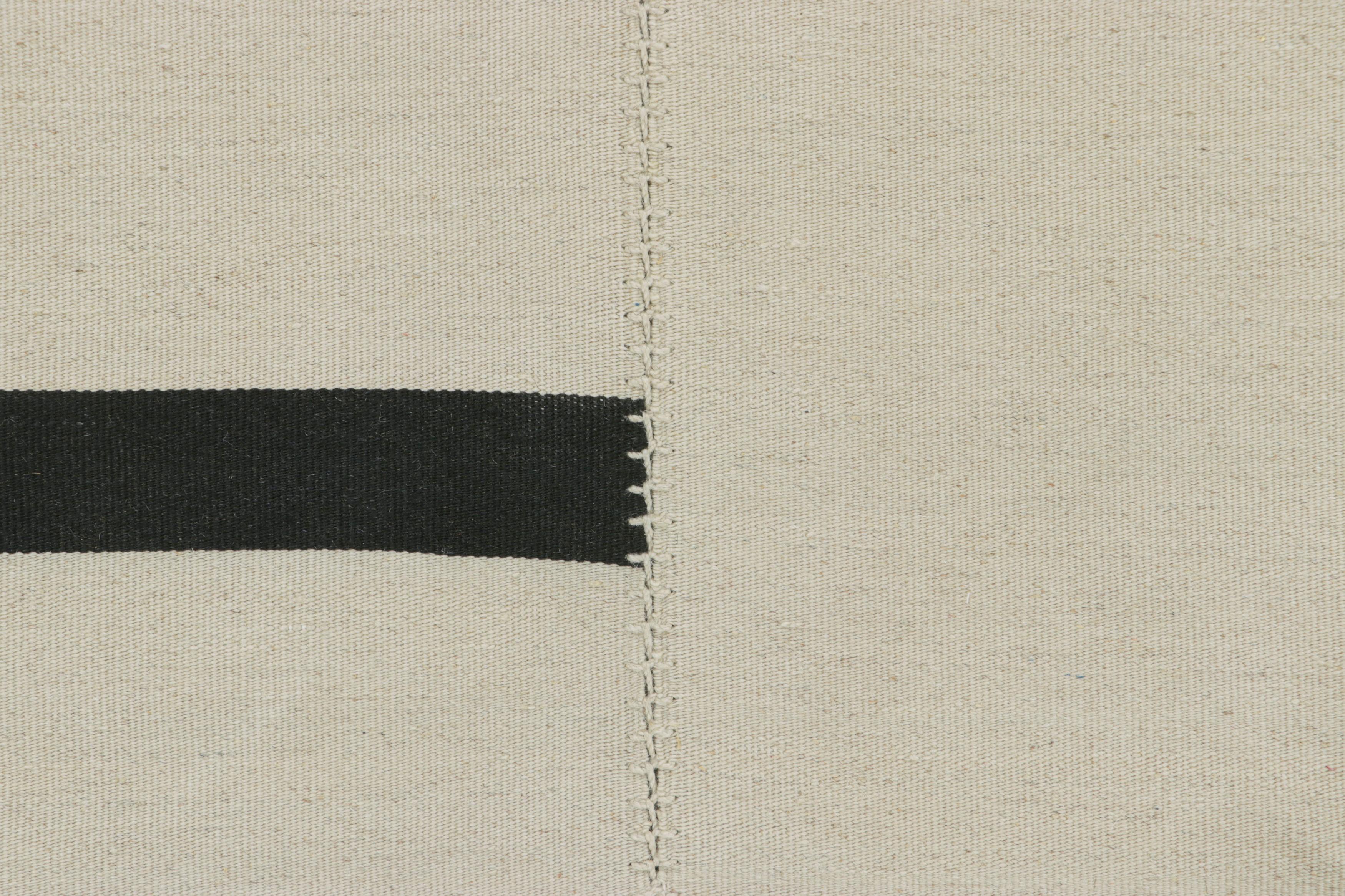 Afghan Rug & Kilim’s Contemporary Kilim in Ivory White with Black Stripes For Sale