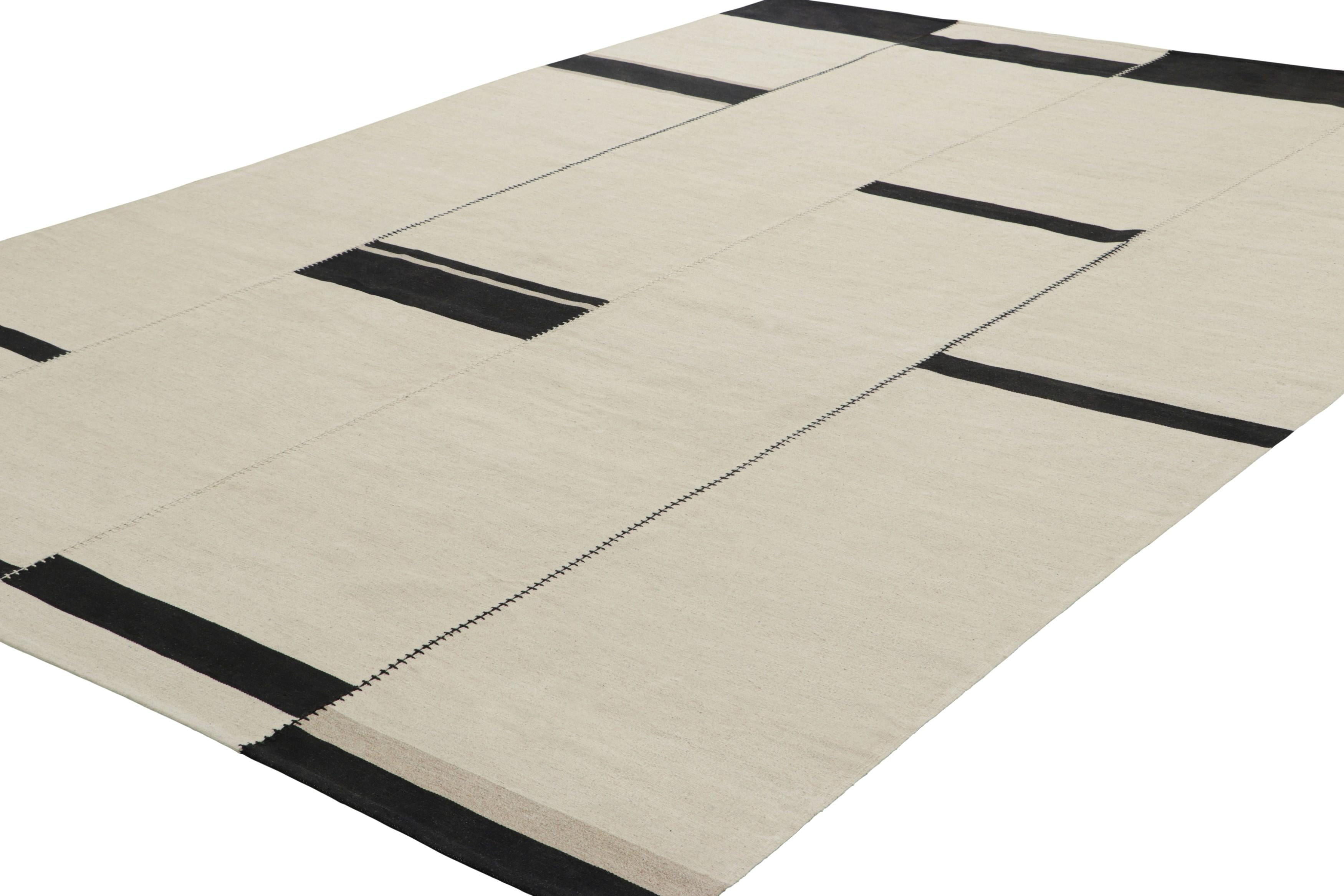 Hand-Woven Rug & Kilim’s Contemporary Kilim in Ivory White with Black Stripes For Sale