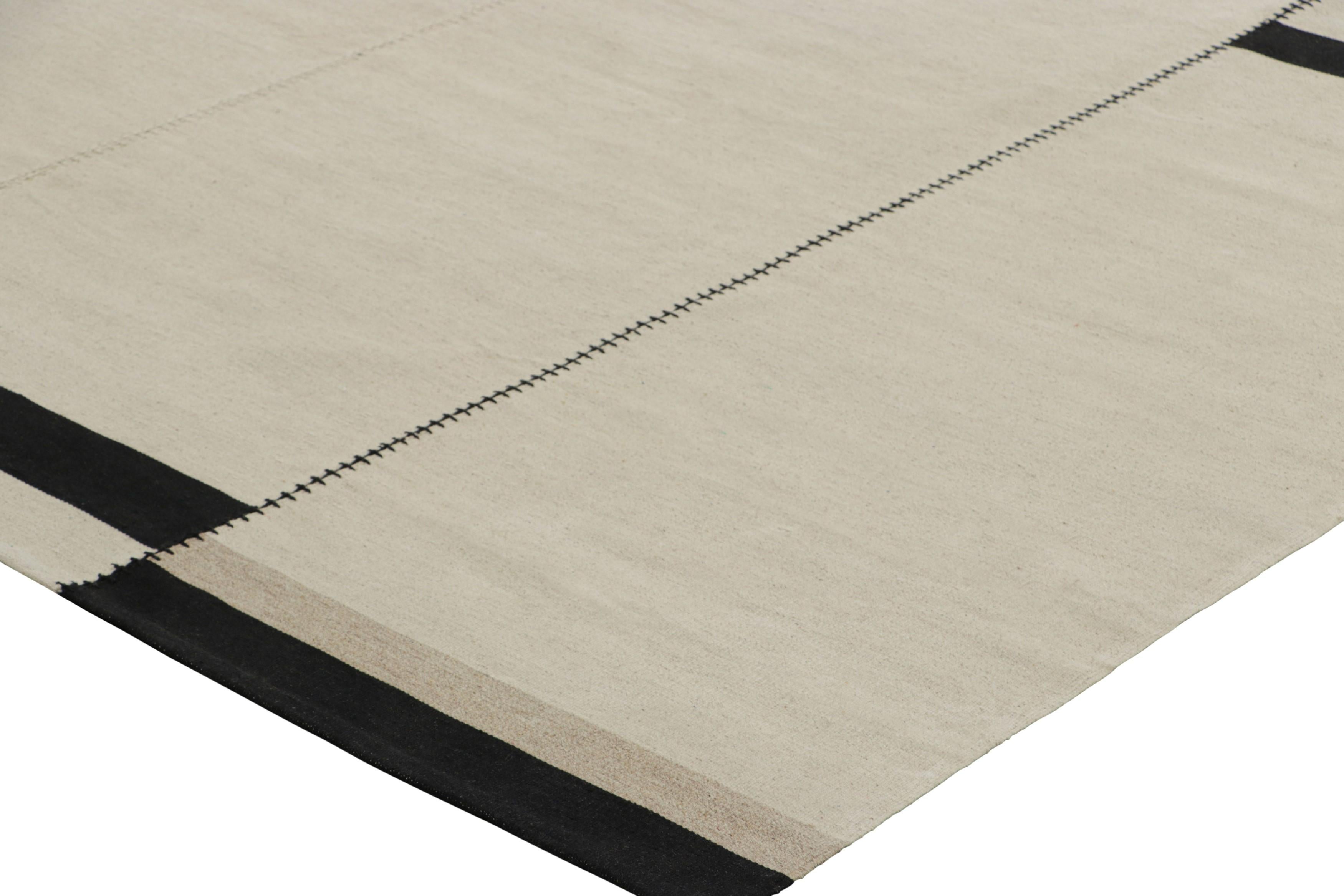 Wool Rug & Kilim’s Contemporary Kilim in Ivory White with Black Stripes For Sale