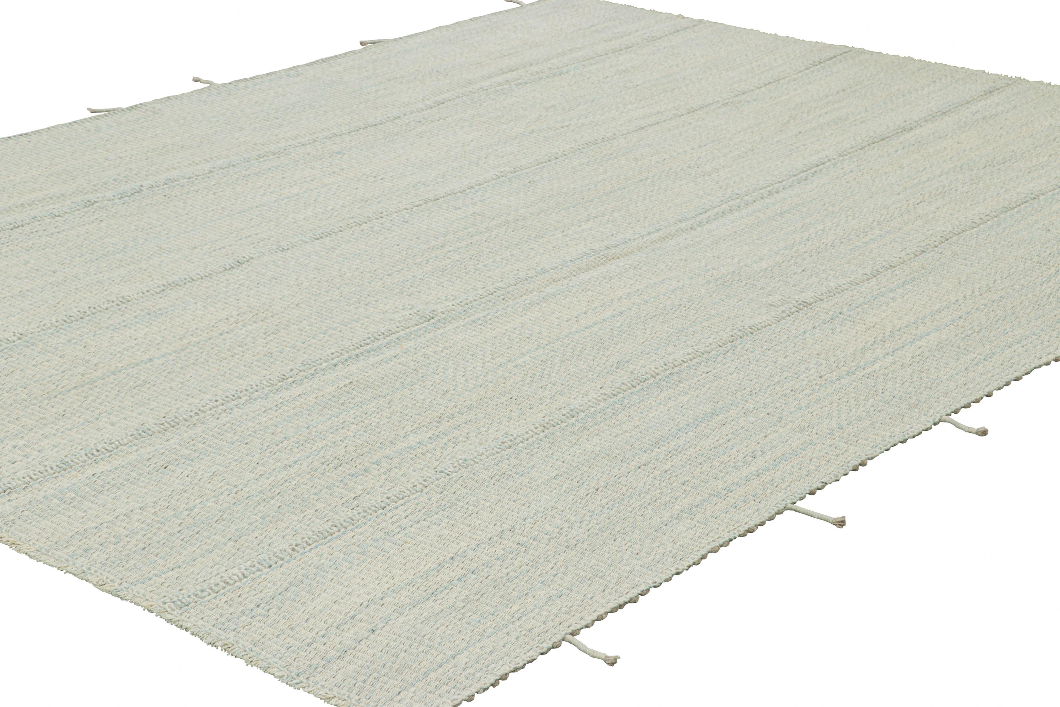 Hand-Woven Rug & Kilim’s Contemporary Kilim in Light Blue and Off-White Textural Stripes For Sale