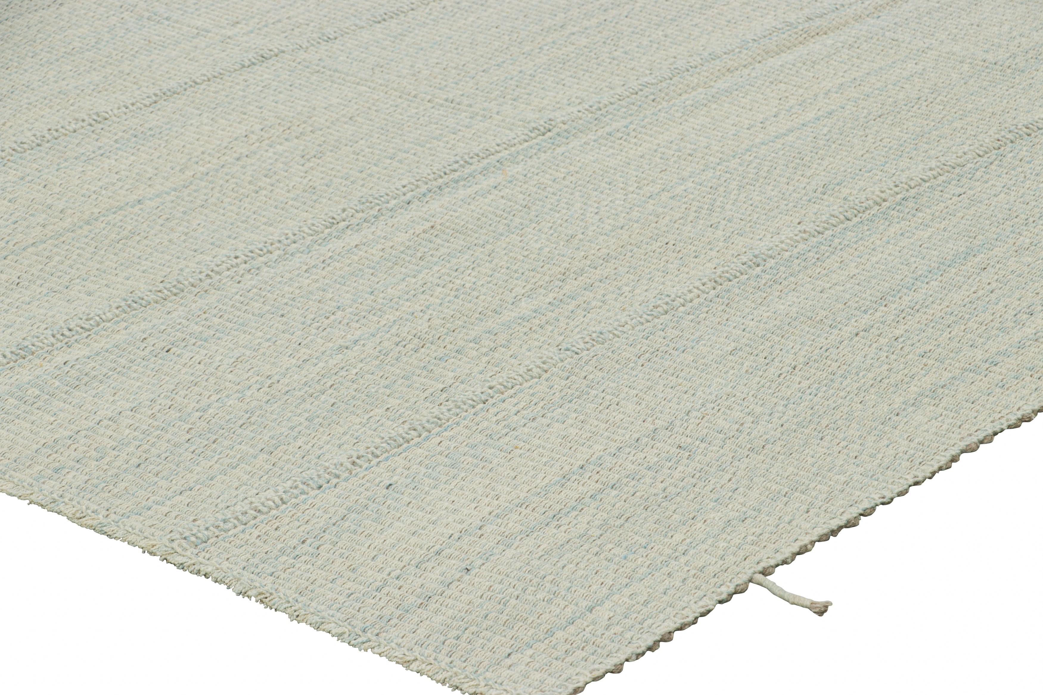 Wool Rug & Kilim’s Contemporary Kilim in Light Blue and Off-White Textural Stripes For Sale