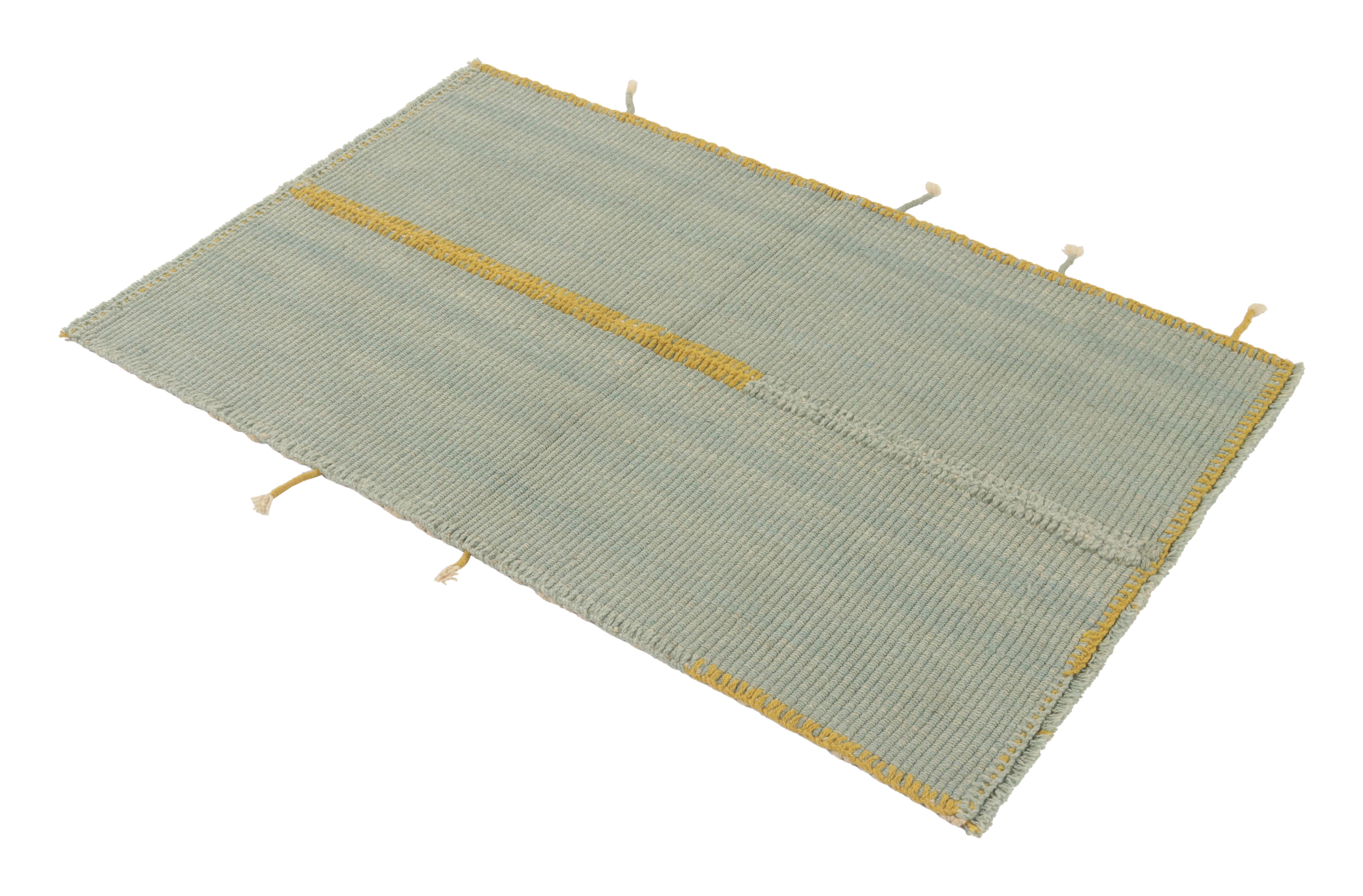 Handwoven in wool, a gift-sized 3x4 Kilim from an innovative new contemporary flat weave collection by Rug & Kilim.
On the Design:
The “Rez Kilim” connotes a modern take on classic panel weaving—this edition enjoying seafoam blue and ochre