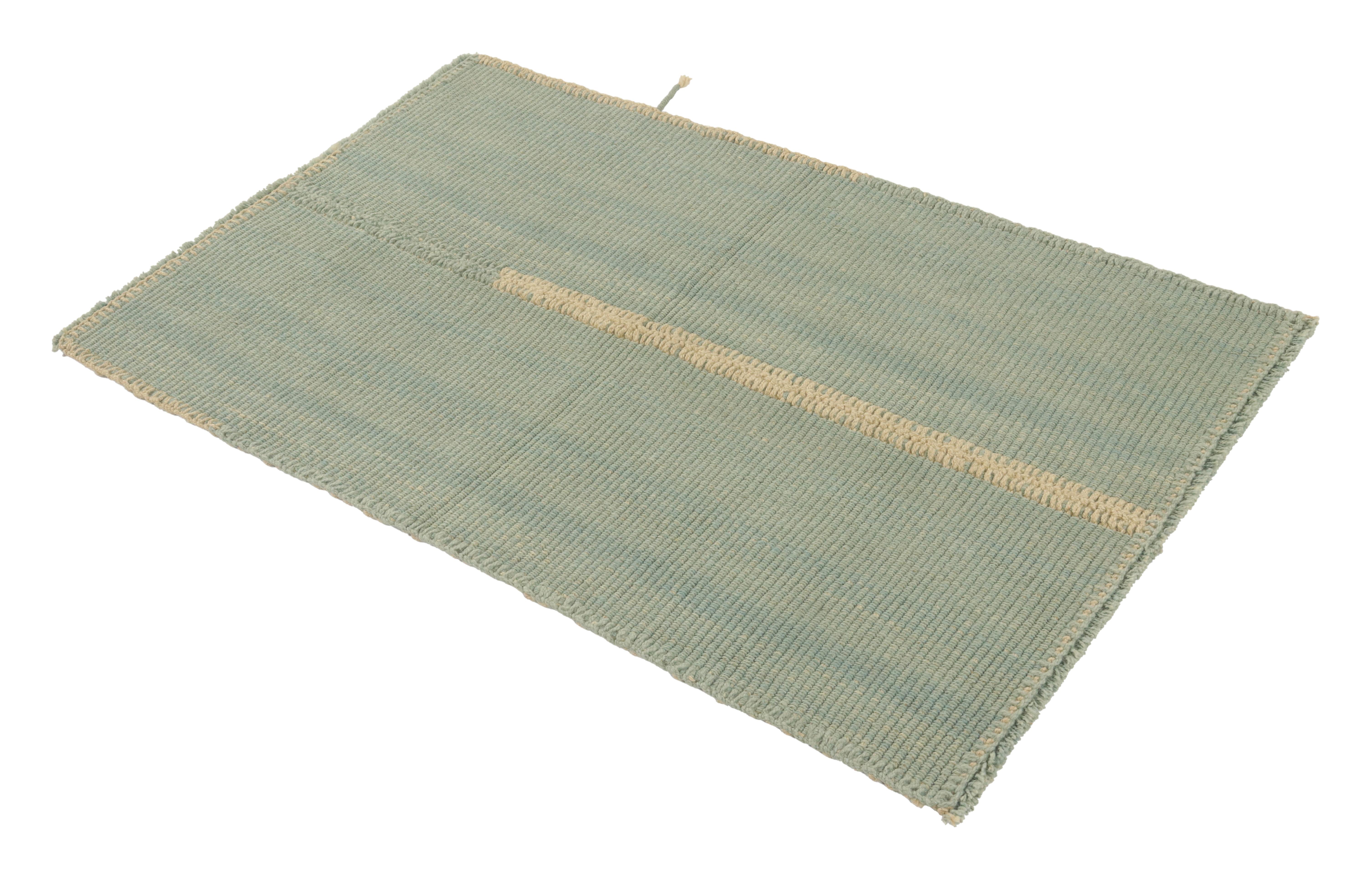 Handwoven in wool, a gift-sized 3x4 Kilim from an innovative new contemporary flat weave collection by Rug & Kilim.
On the Design:
The “Rez Kilim” connotes a modern take on classic panel weaving—this edition enjoying seafoam blue and off-white