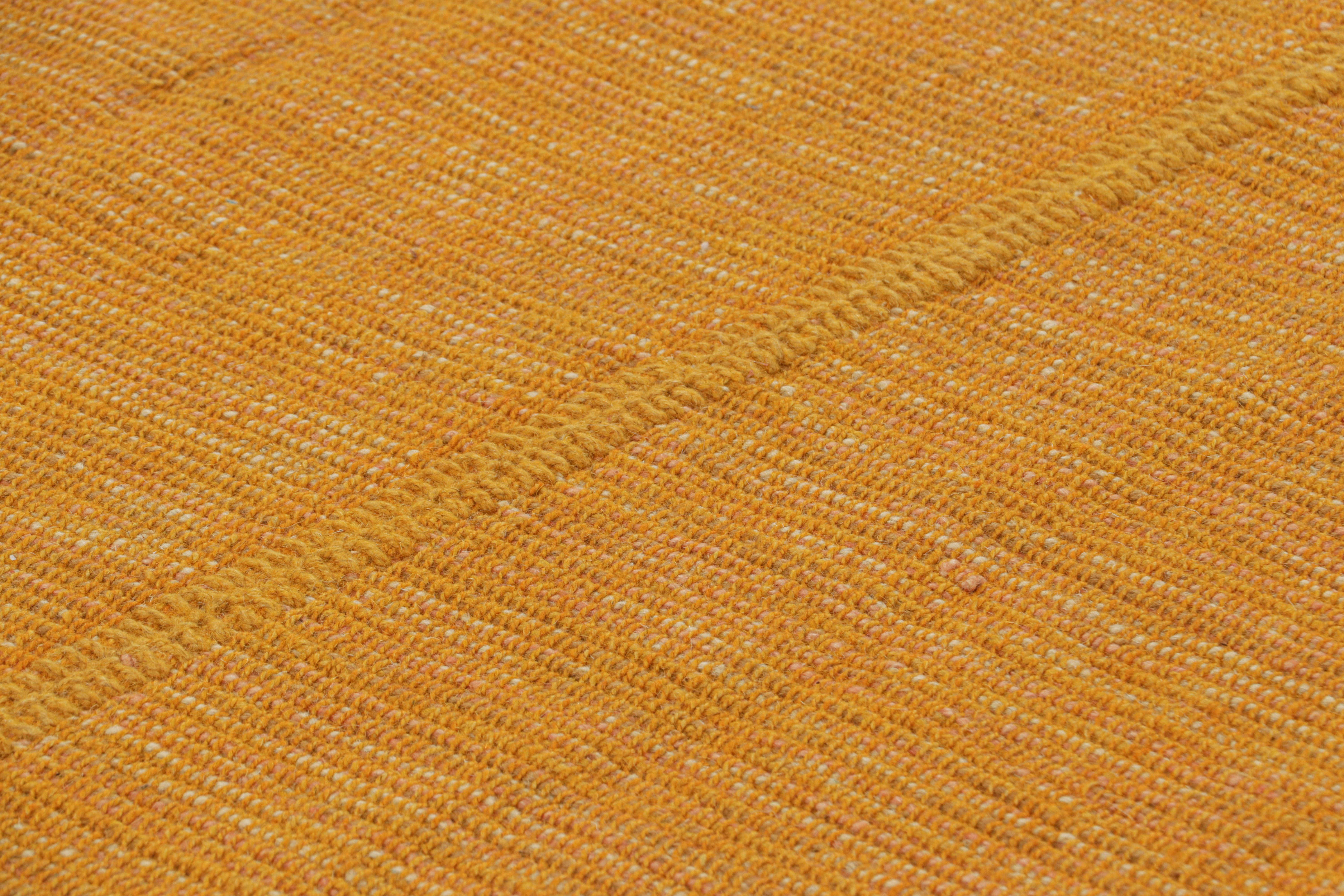 Handwoven in wool, this 9x12 Kilim is from an inventive new contemporary flat weave collection by Rug & Kilim.

On the Design: 

Fondly dubbed, “Rez Kilims”, this modern take on classic panel-weaving enjoys a fabulous, warm play of ochre and amber