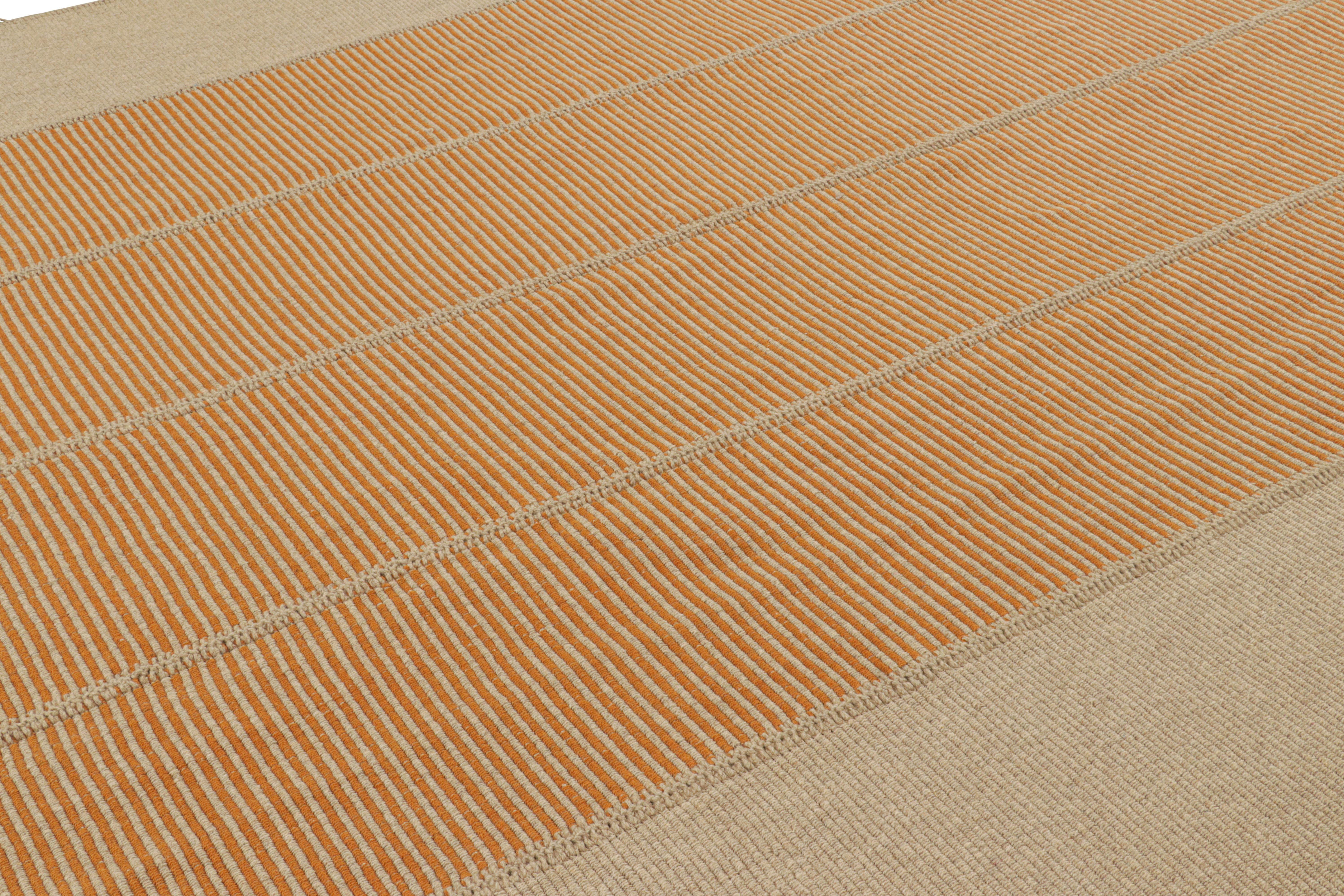 Handwoven in wool, a 10x14 Kilim design from an inventive new contemporary flat weave collection by Rug & Kilim.

On the Design: 

Fondly dubbed, “Rez Kilims”, this modern take on classic panel-weaving enjoys a fabulous, unique play of orange and