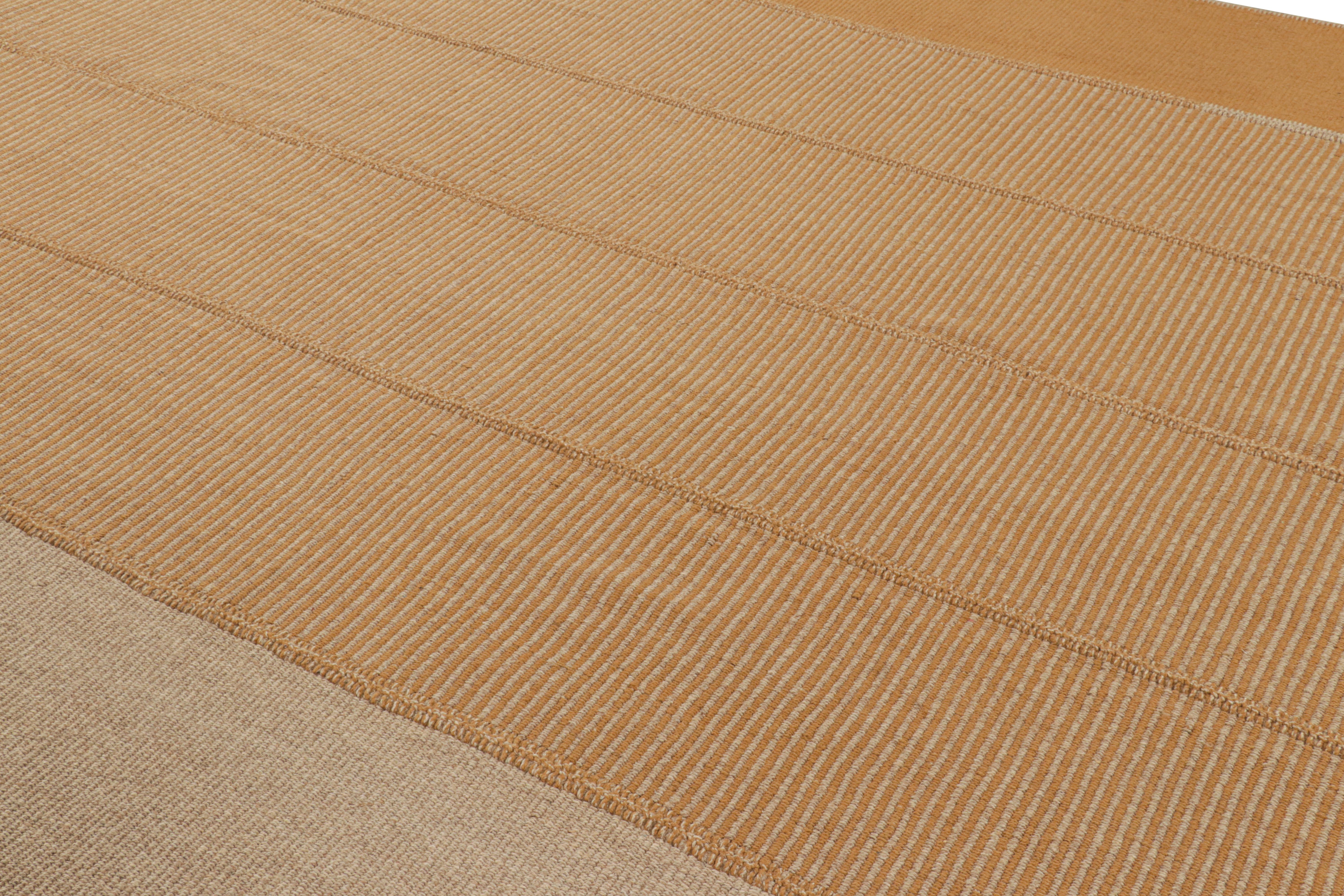 Handwoven in wool, a 10x14 Kilim design from an inventive new contemporary flat weave collection by Rug & Kilim.

On the Design: 

Fondly dubbed, “Rez Kilims”, this modern take on classic panel-weaving enjoys a fabulous, unique play of amber orange