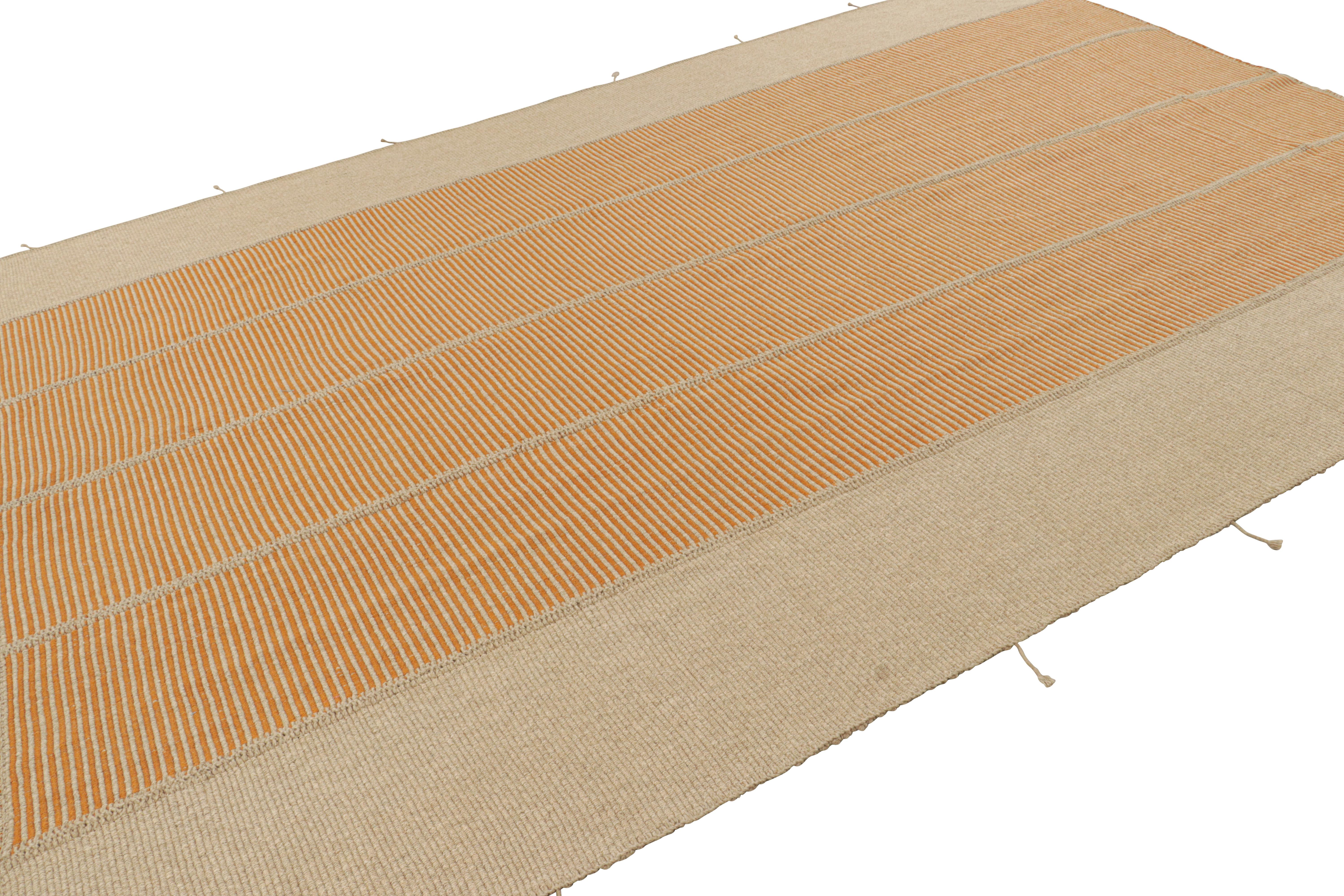 Afghan Rug & Kilim’s Contemporary Kilim in Orange and Beige Textural Stripes For Sale