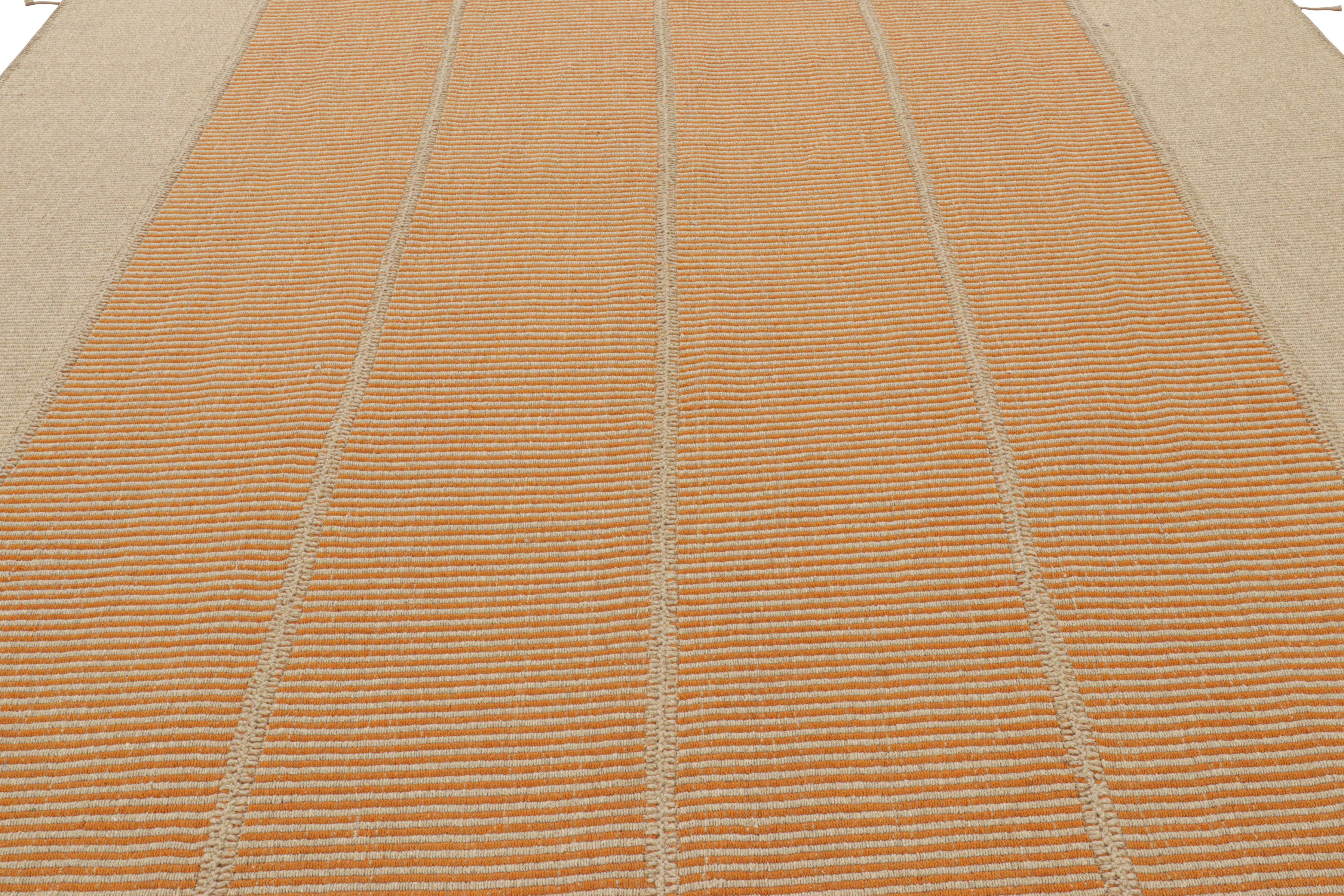 Hand-Woven Rug & Kilim’s Contemporary Kilim in Orange and Beige Textural Stripes For Sale