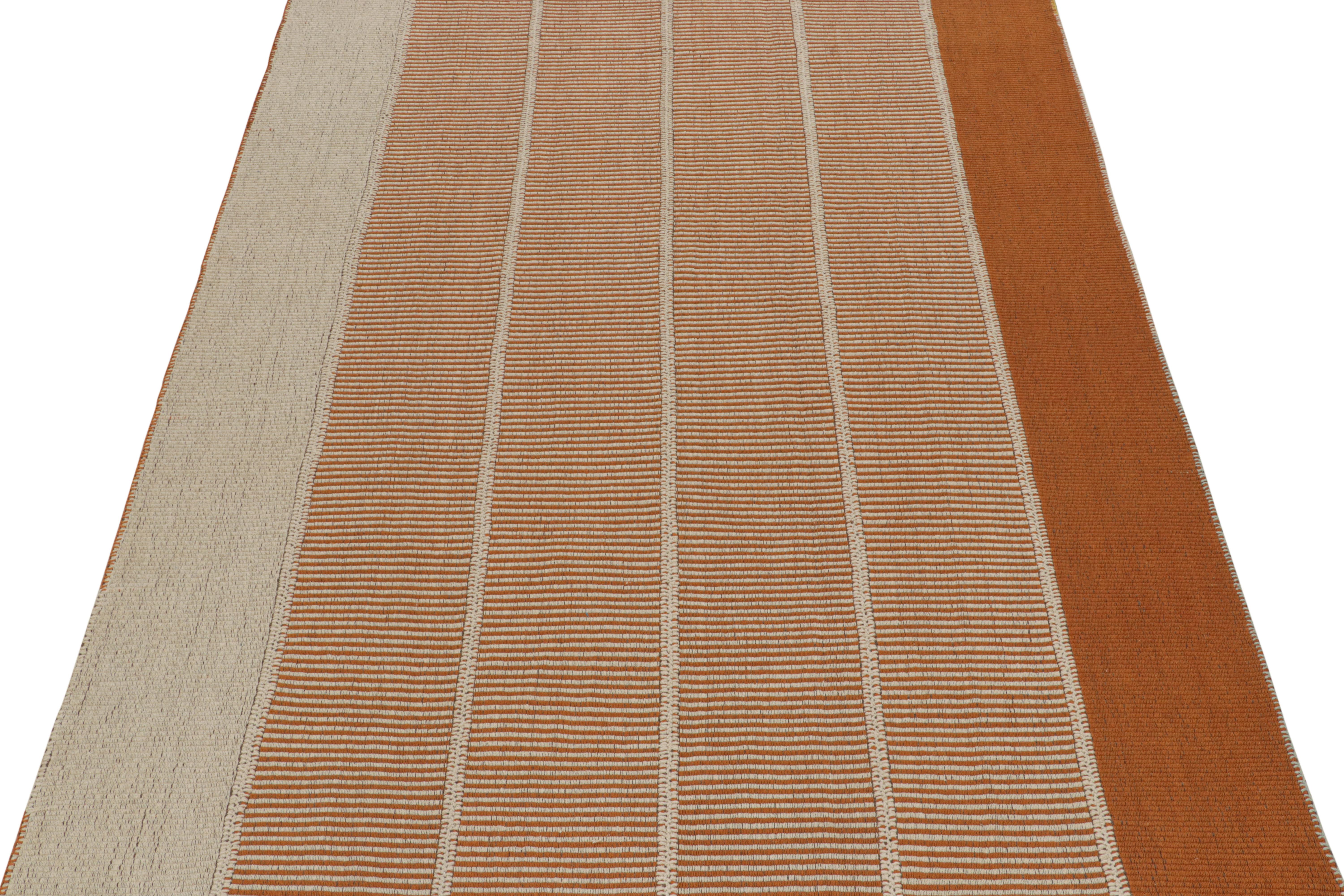 Hand-Woven Rug & Kilim’s Contemporary Kilim in Orange & Cream Stripes For Sale