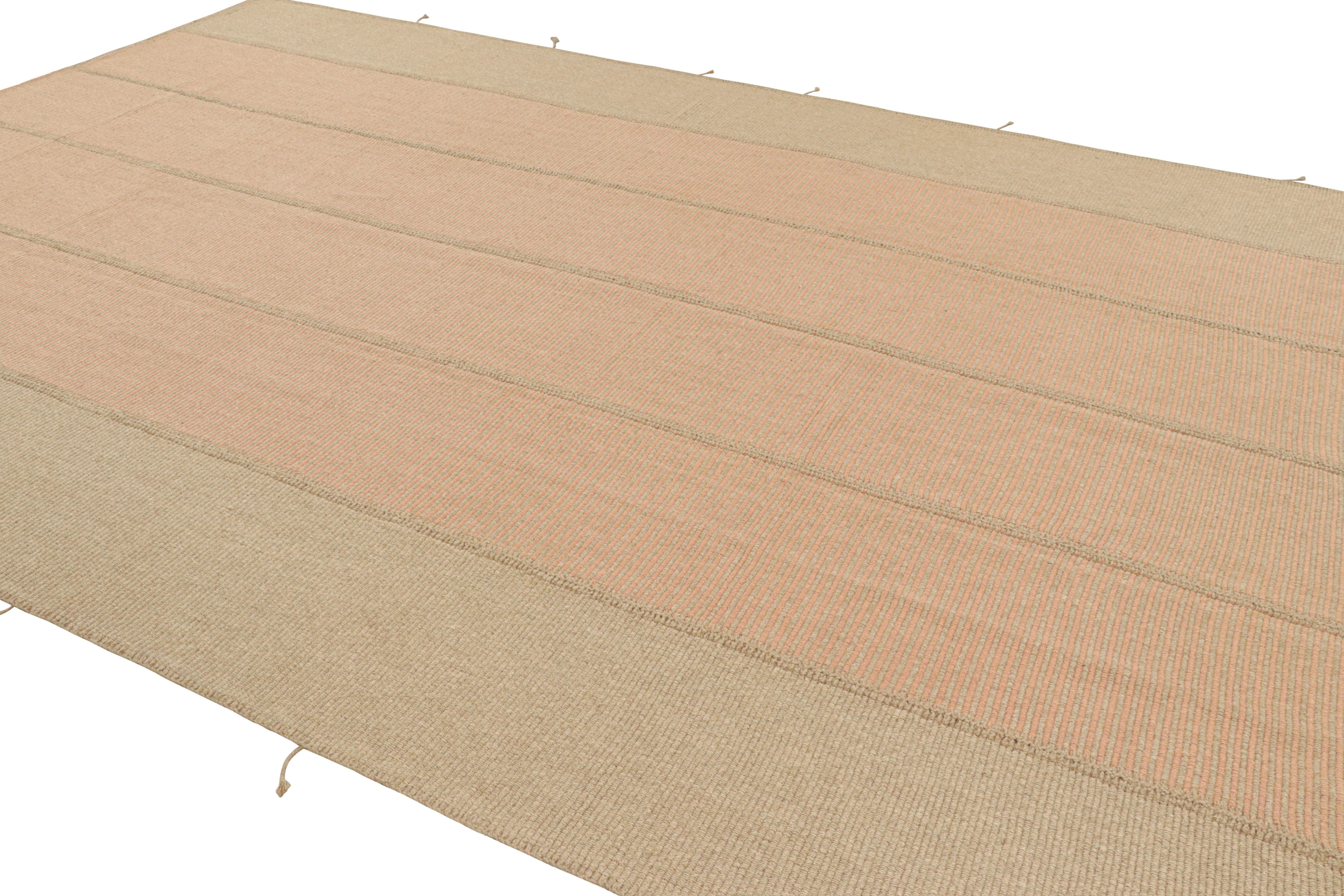 Afghan Rug & Kilim’s Contemporary Kilim in Peach and Beige Textural Stripes  For Sale