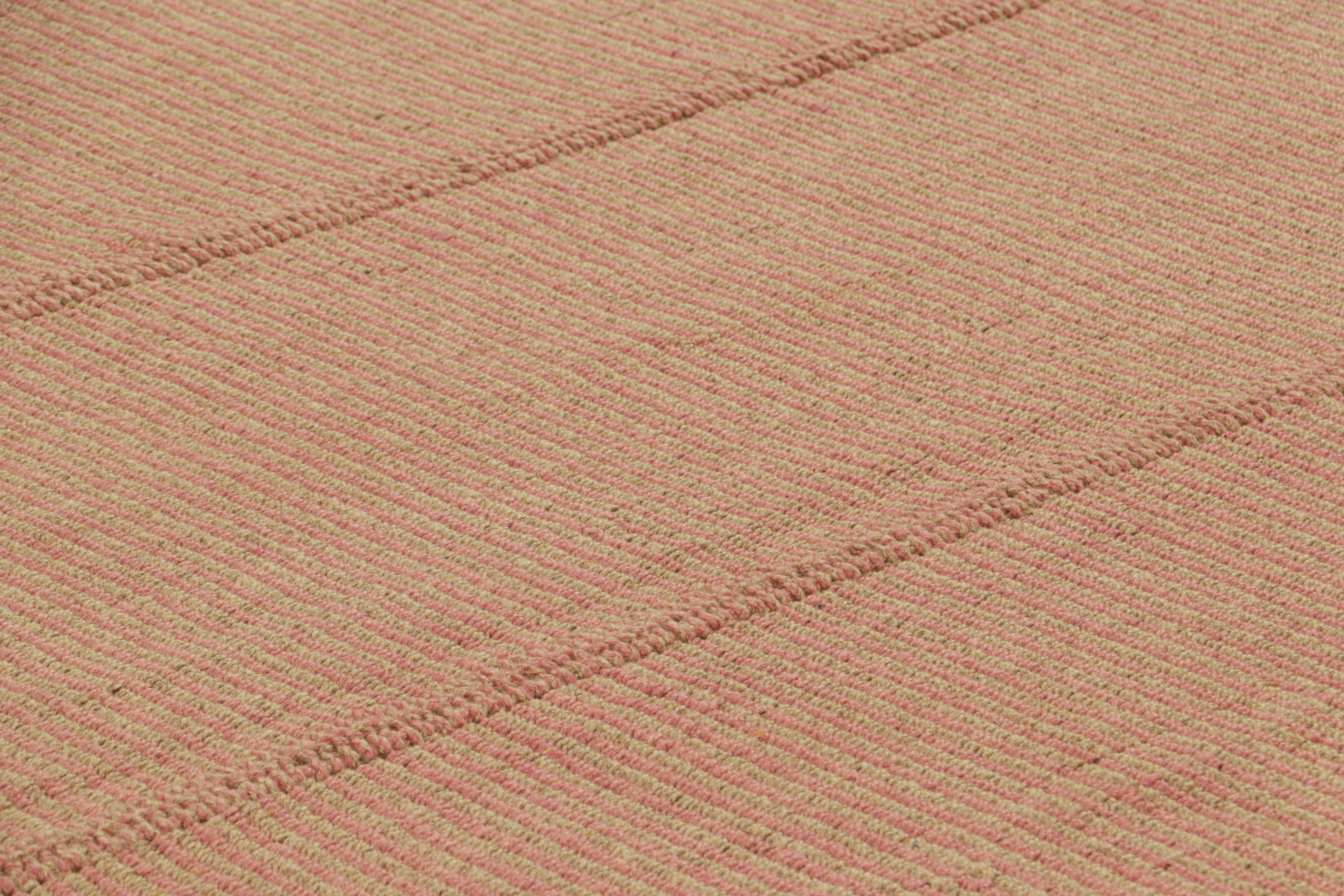 Handwoven in wool, this 8x10 Kilim is from an inventive new contemporary flat weave collection by Rug & Kilim.

On the Design: 

Fondly dubbed, “Rez Kilims”, this modern take on classic panel-weaving enjoys a fabulous, unique play of pink and beige