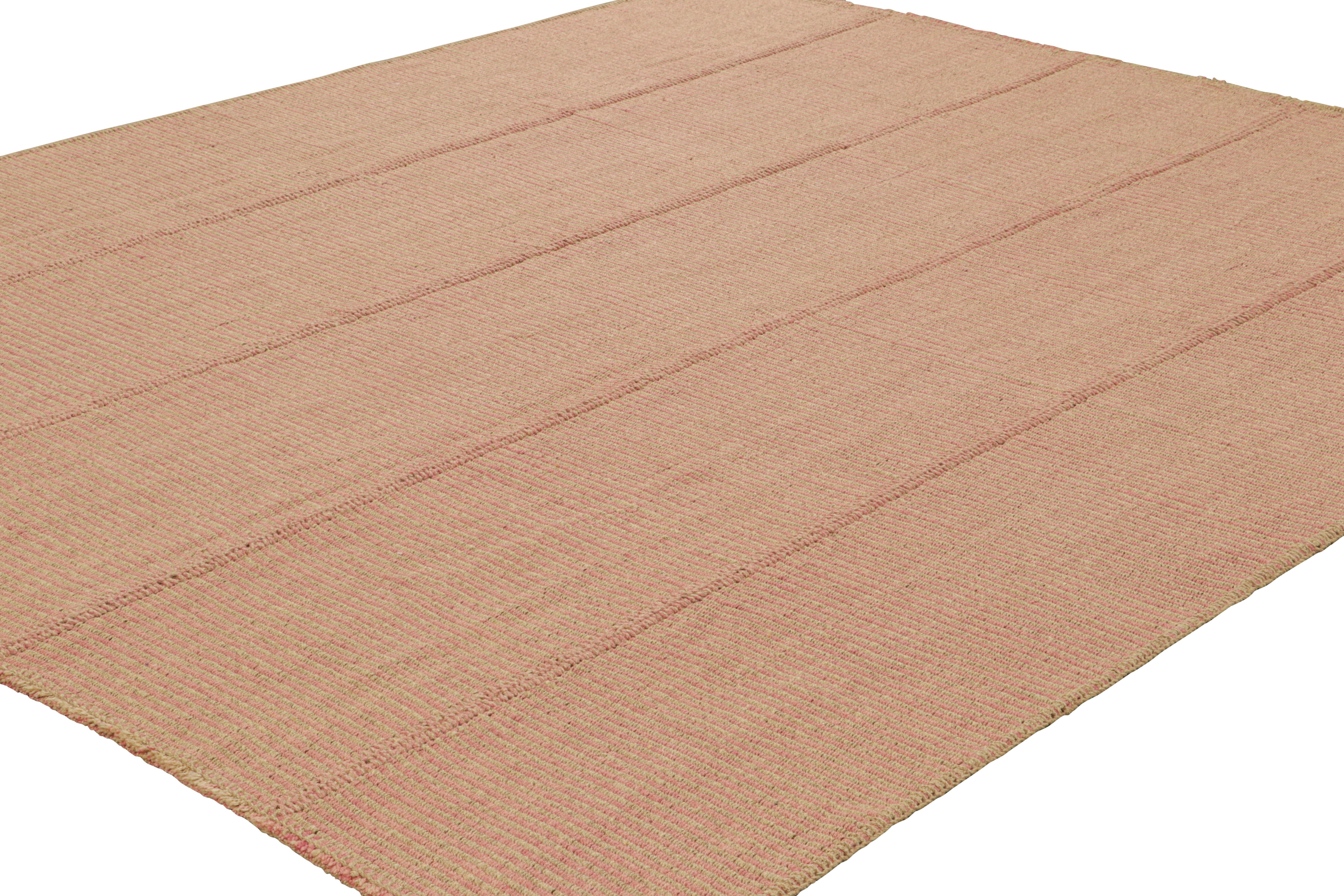 Afghan Rug & Kilim’s Contemporary Kilim in Pink and Beige Textural Stripes For Sale