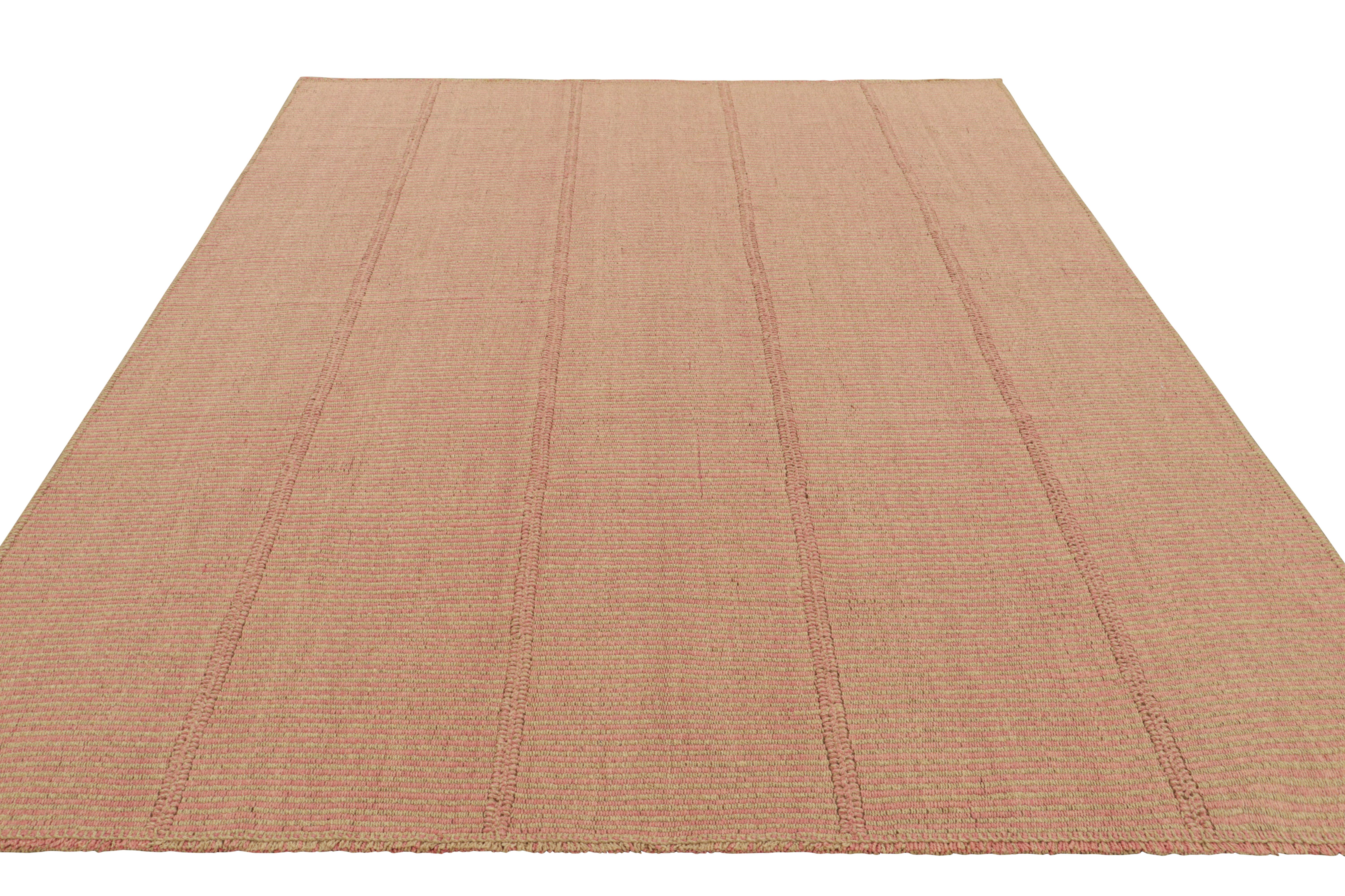 Hand-Woven Rug & Kilim’s Contemporary Kilim in Pink and Beige Textural Stripes For Sale
