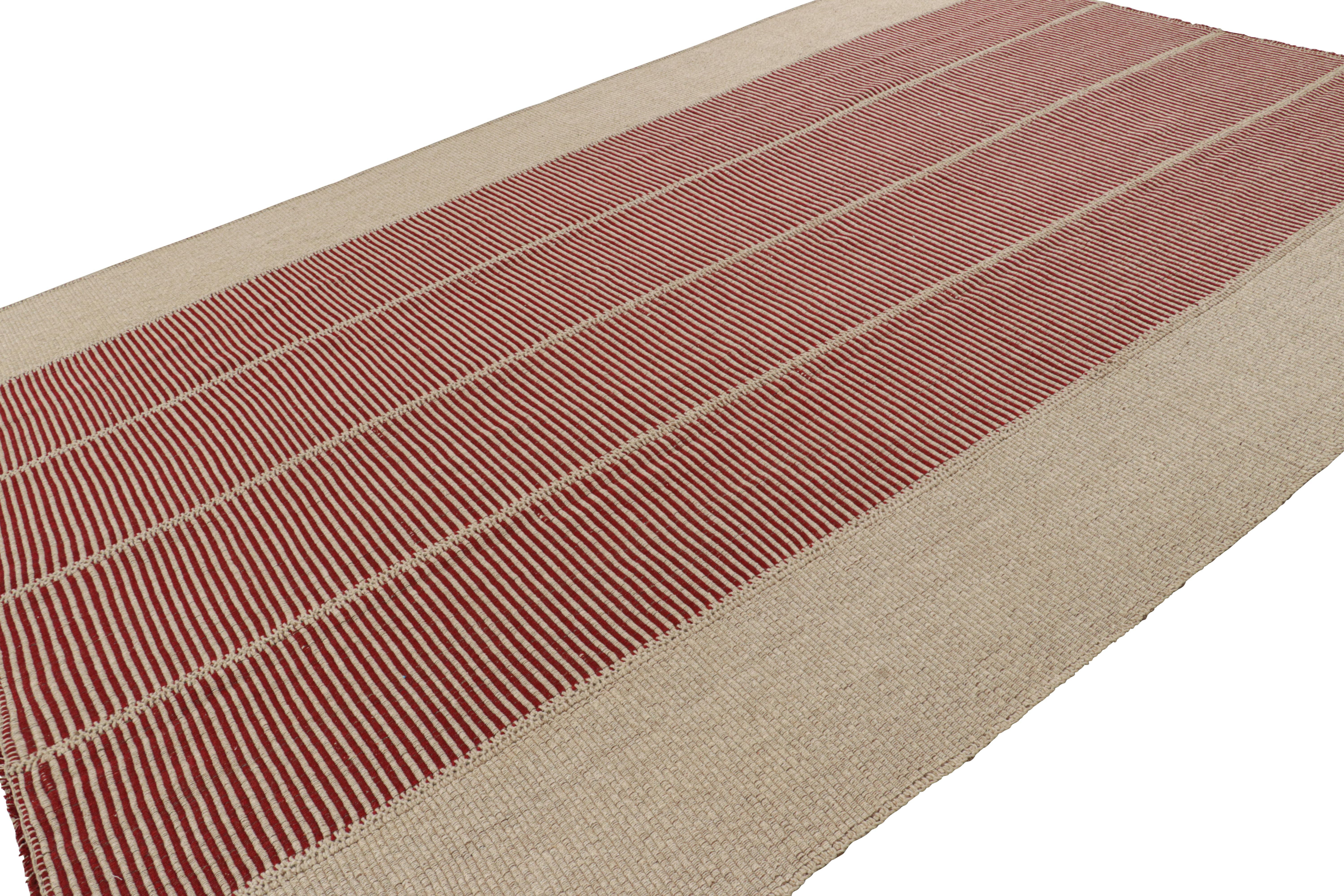 Afghan Rug & Kilim’s Contemporary Kilim in Red and Beige Textural Stripes  For Sale