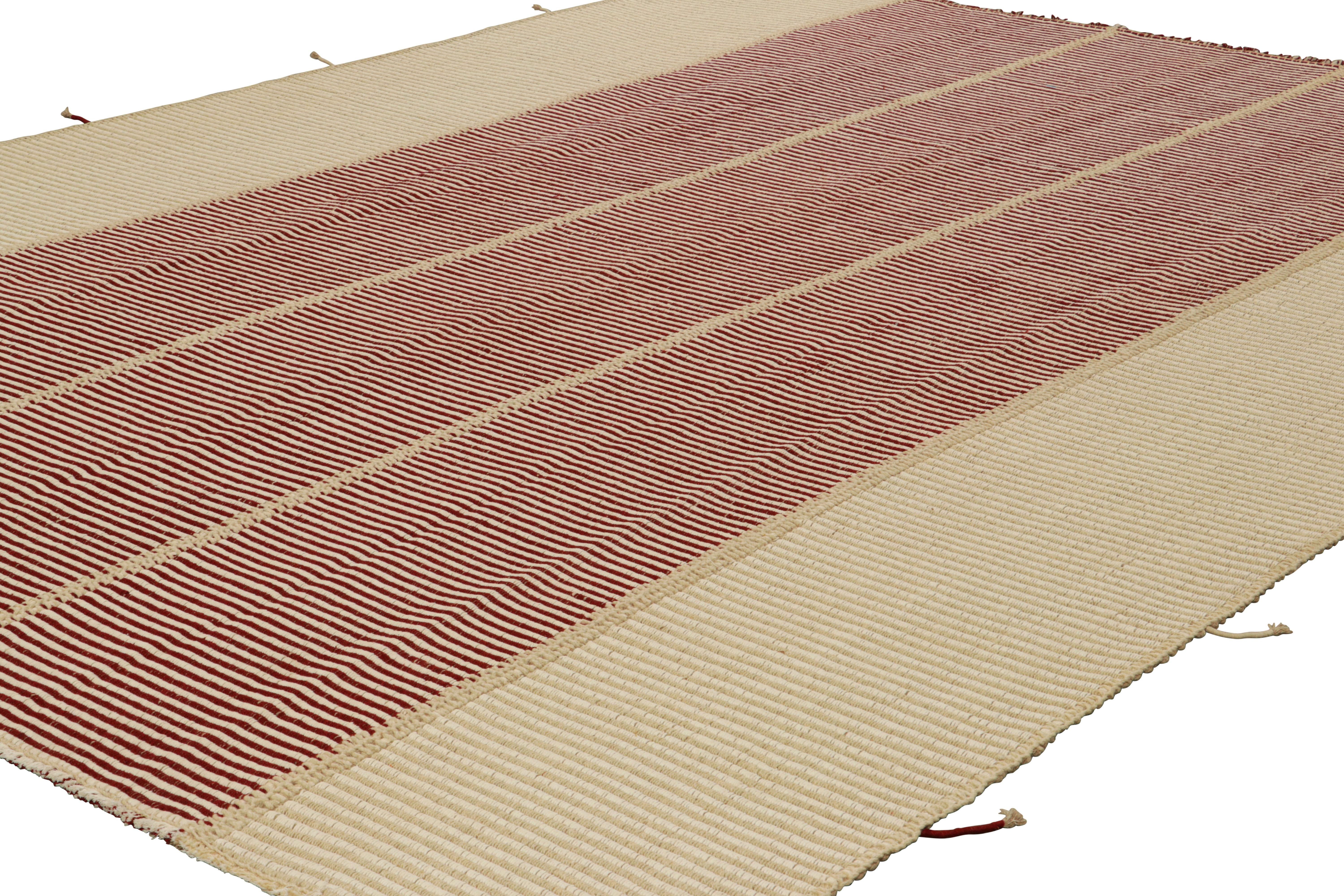 Afghan Rug & Kilim’s Contemporary Kilim in Red and Beige Textural Stripes For Sale