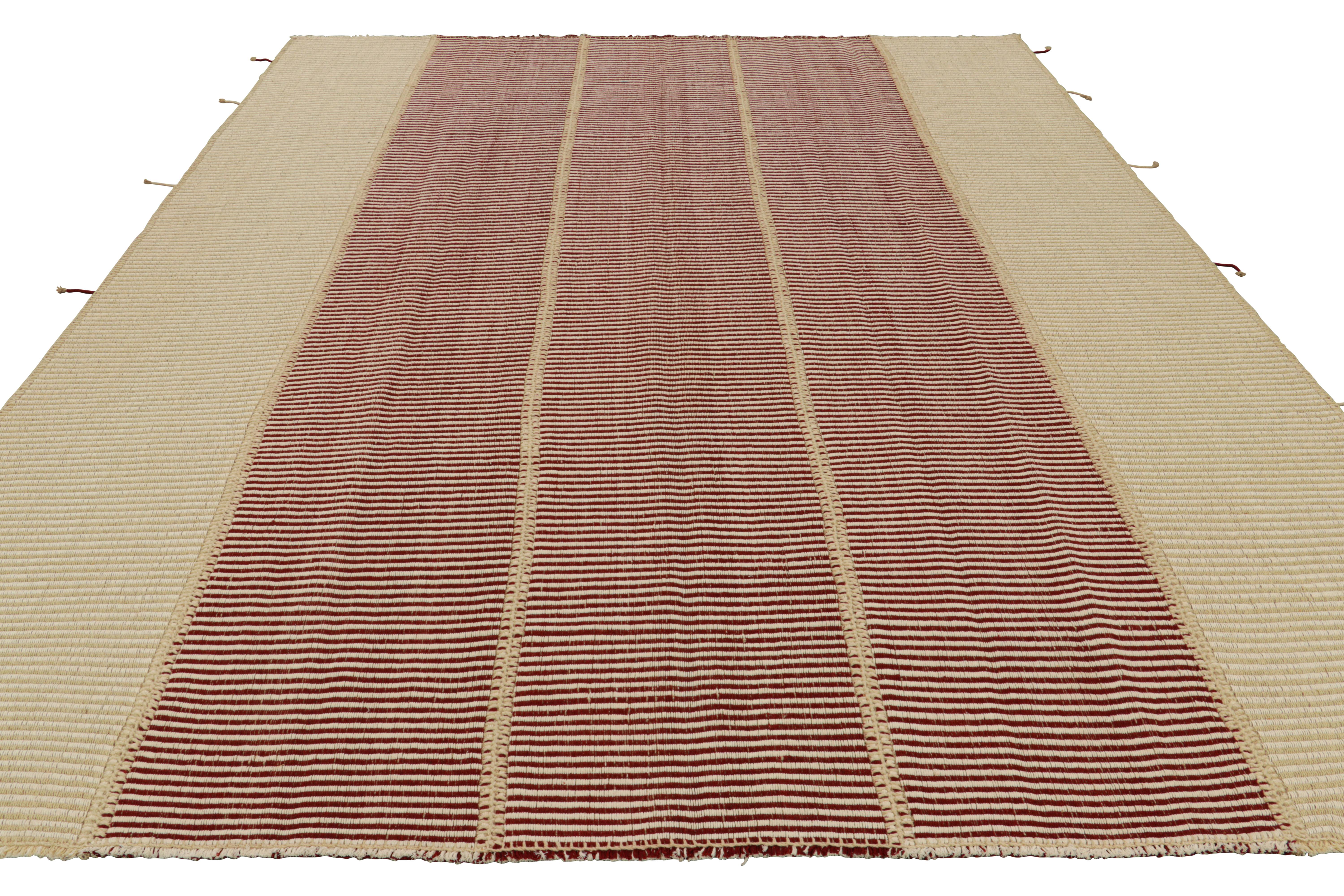 Hand-Woven Rug & Kilim’s Contemporary Kilim in Red and Beige Textural Stripes For Sale