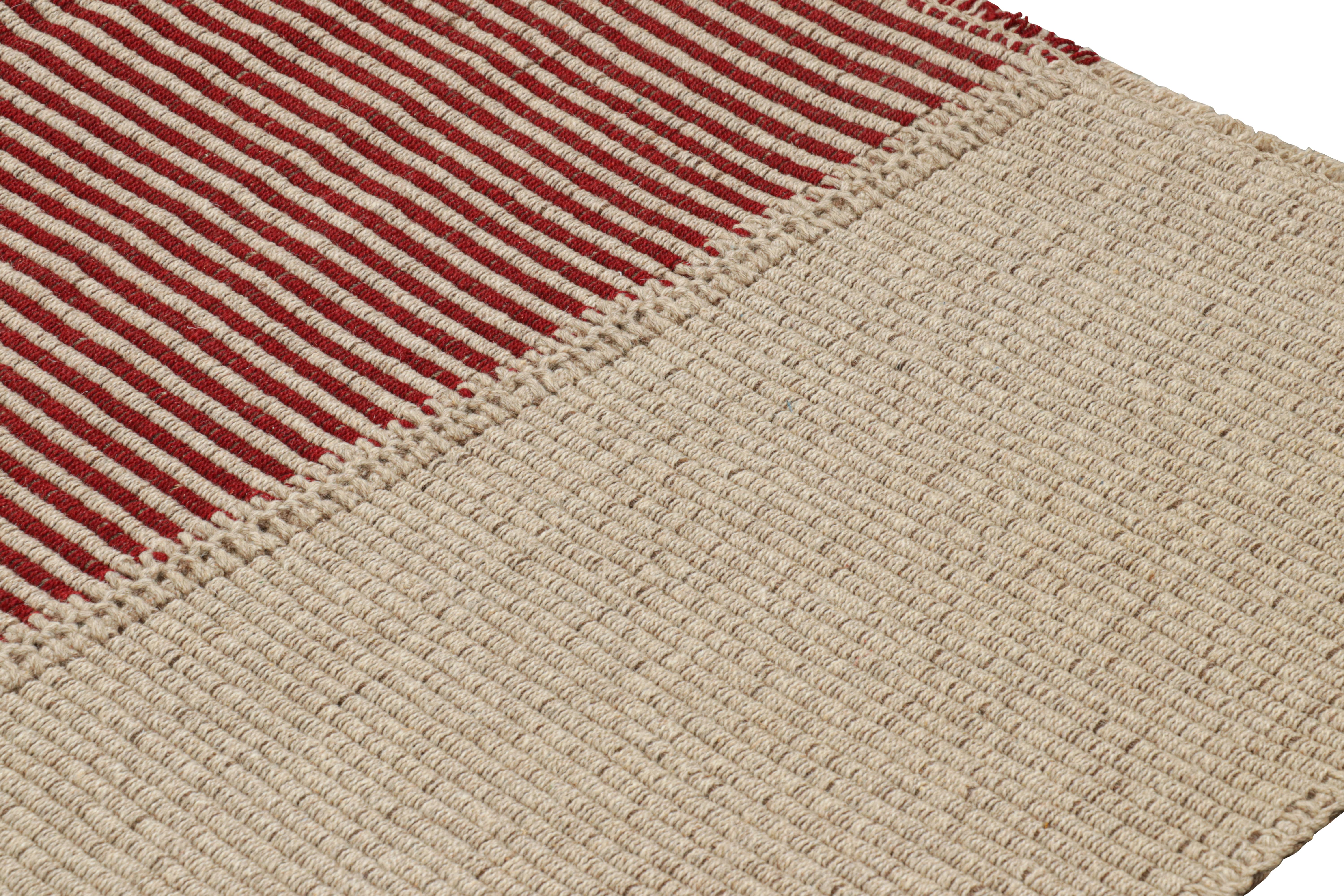 Rug & Kilim’s Contemporary Kilim in Red and Beige Textural Stripes  In New Condition For Sale In Long Island City, NY