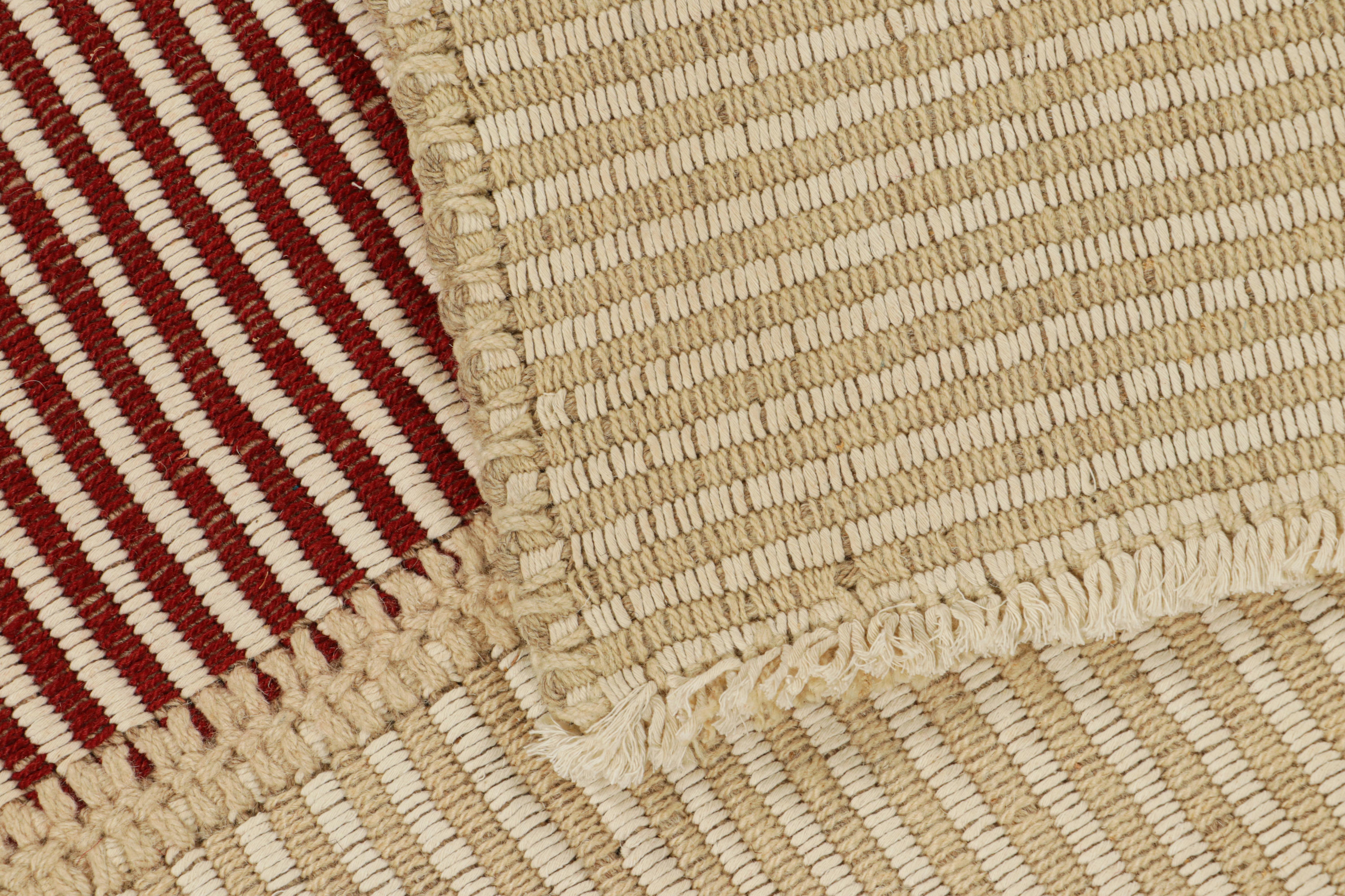 Wool Rug & Kilim’s Contemporary Kilim in Red and Beige Textural Stripes For Sale