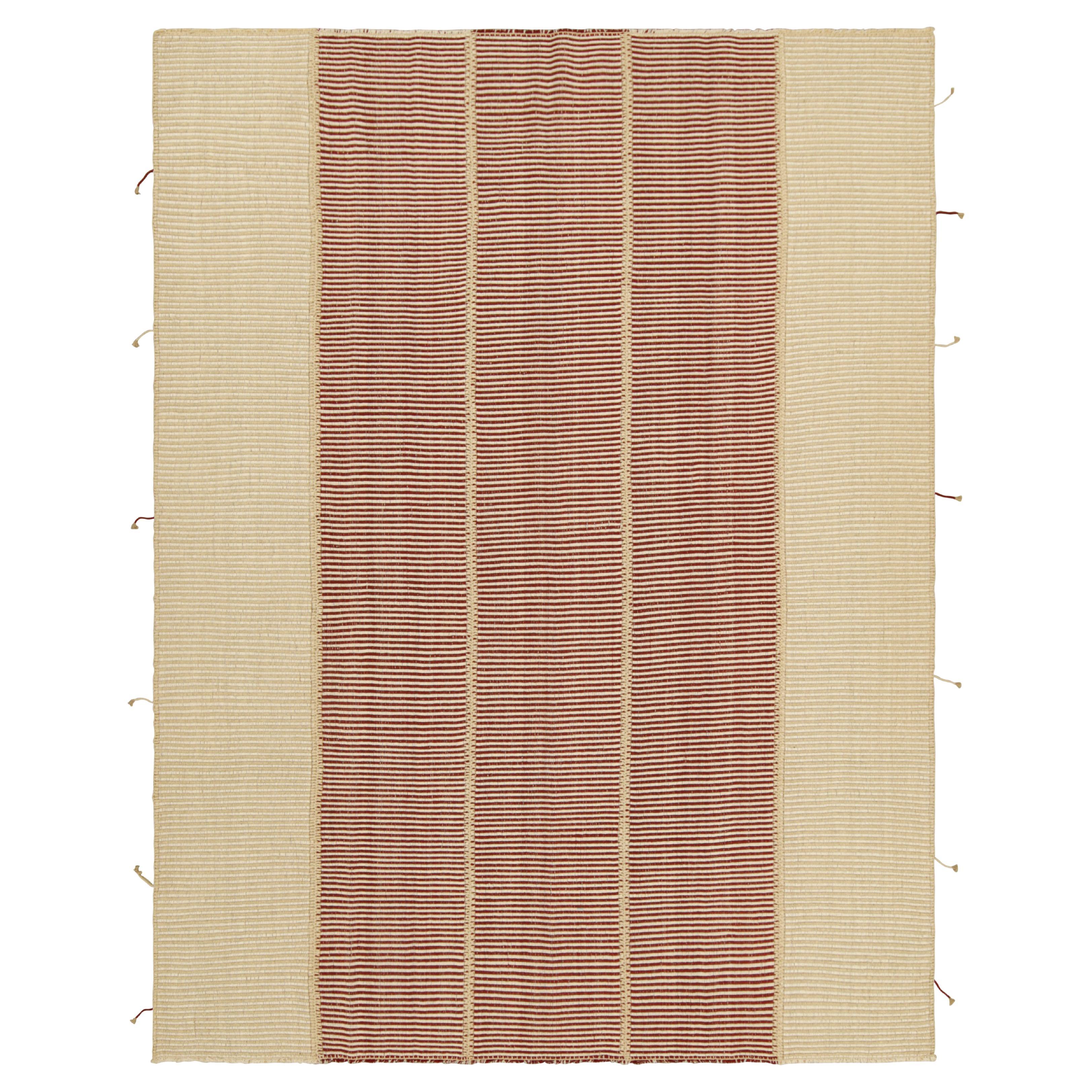 Rug & Kilim’s Contemporary Kilim in Red and Beige Textural Stripes For Sale