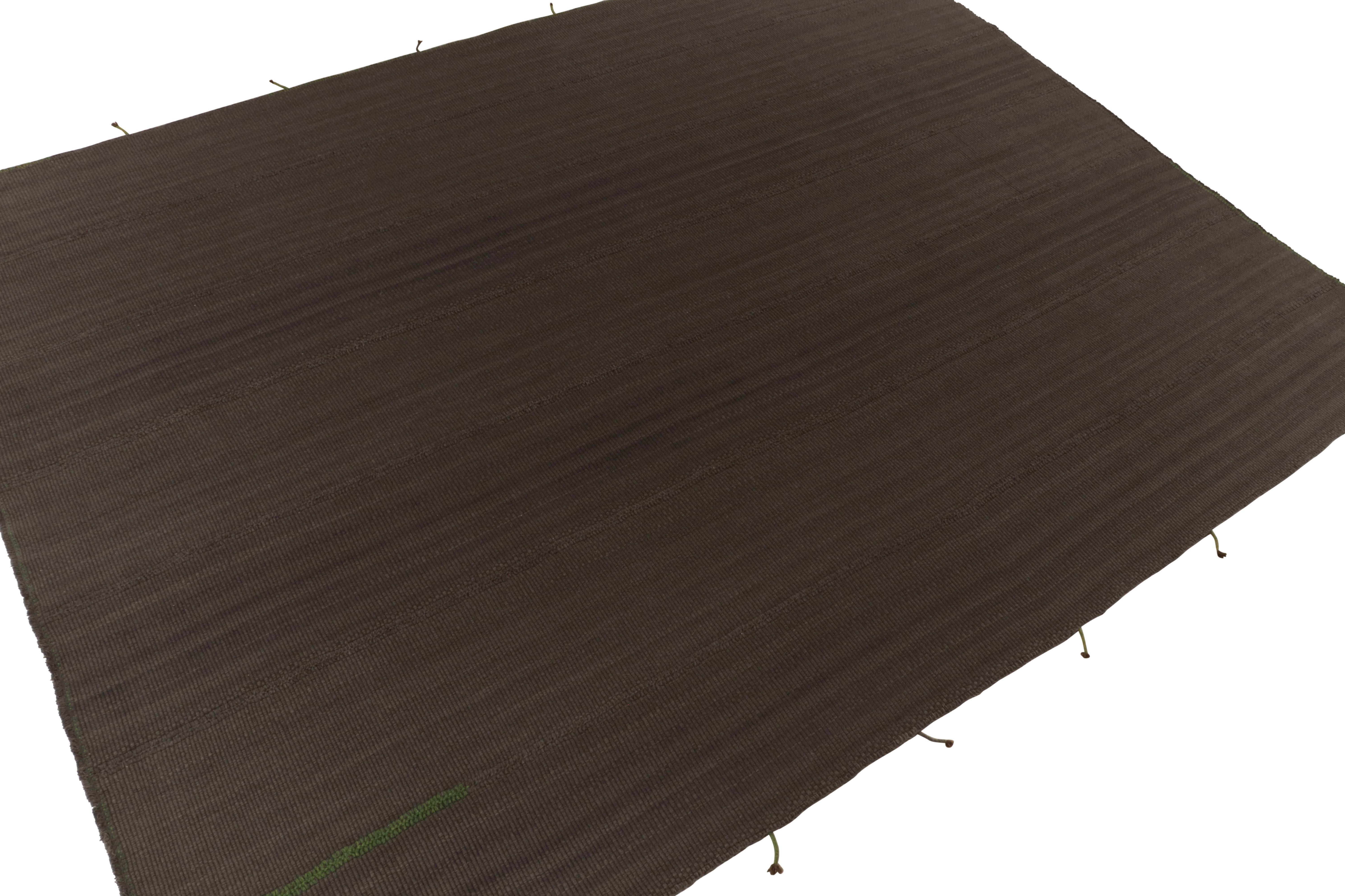 Afghan Rug & Kilim’s Contemporary Kilim in Rich Brown Stripes, Panel Woven style For Sale