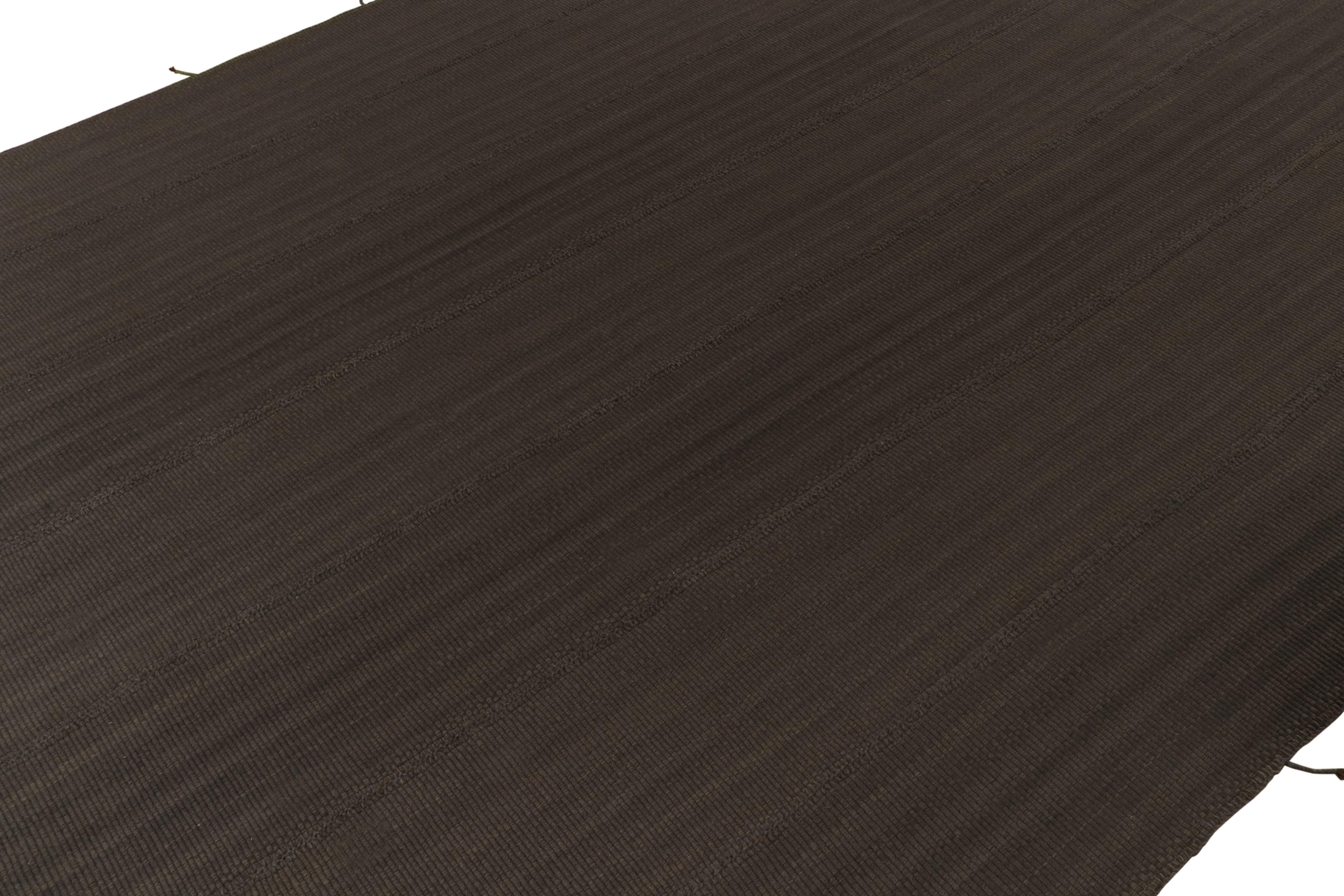 Hand-Knotted Rug & Kilim’s Contemporary Kilim in Rich Brown Stripes, Panel Woven style For Sale